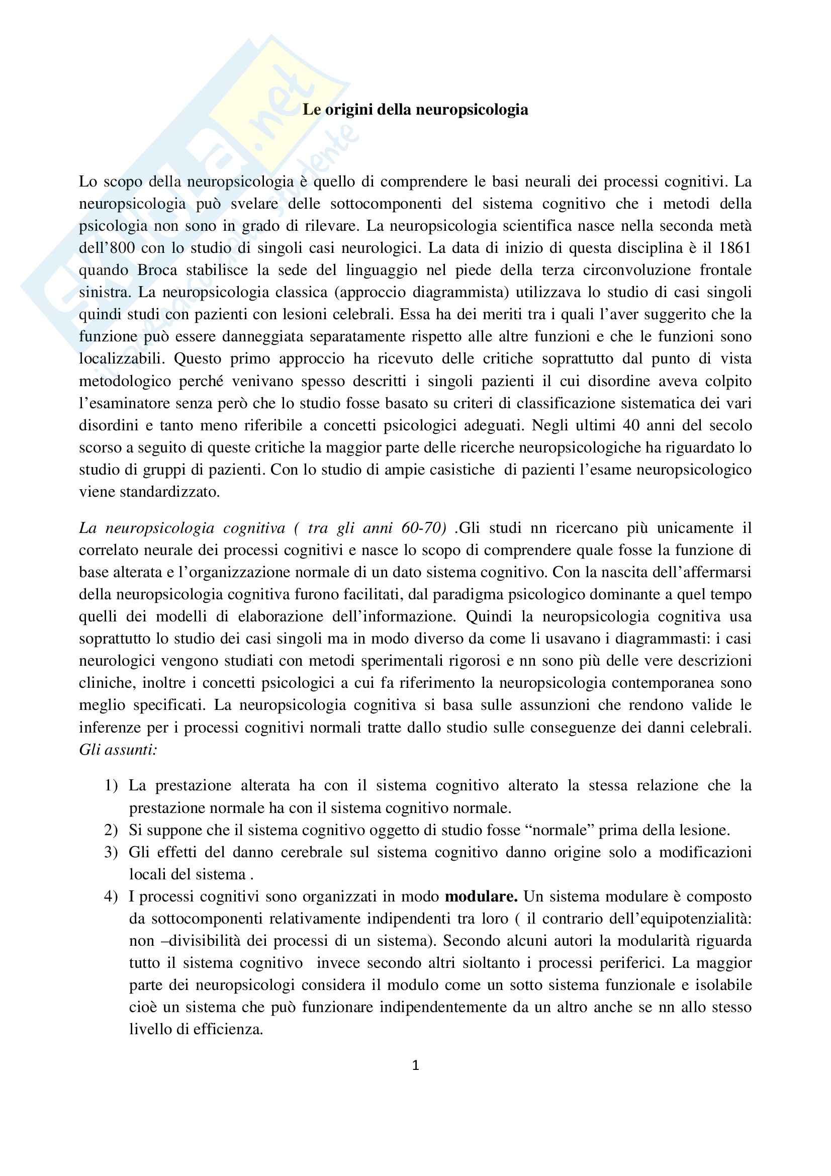 Riassunto esame Neuropsicologia teorica e applicata, prof. Cipolotti, libro consigliato Neuropsicologia, Ladavas, Berti Pag. 1
