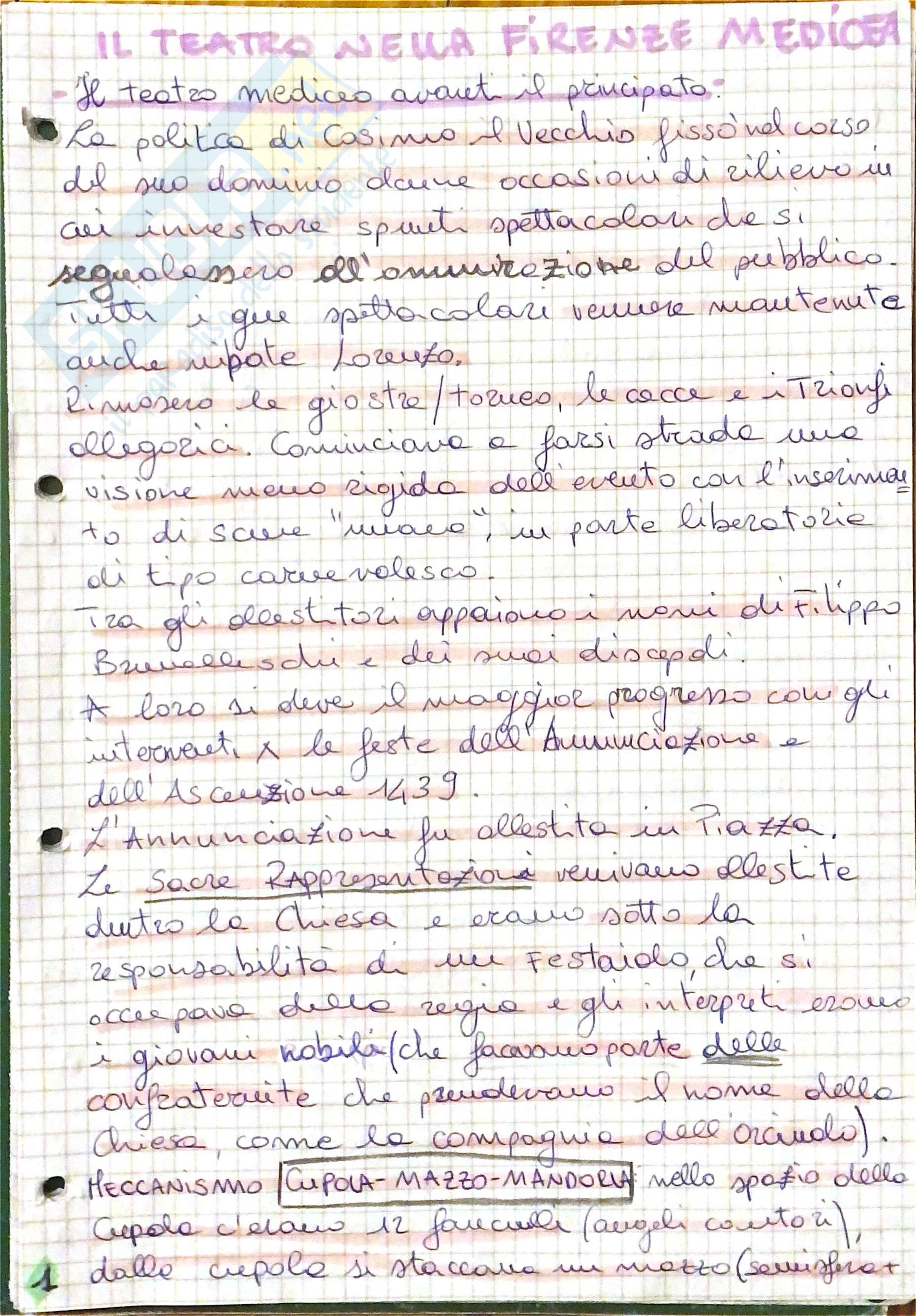 Riassunto esame Storia del teatro e dello spettacolo, Prof. Mazzoni Stefano, libro consigliato Il teatro nella Firenze Medicea, Mamone Pag. 1