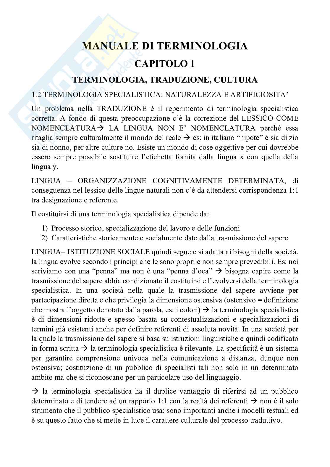 Riassunto esame Terminologia e Linguaggi Specialistici, Prof. Rossi Mario, libro consigliato Manuale di Terminologia, M. Magris Pag. 1
