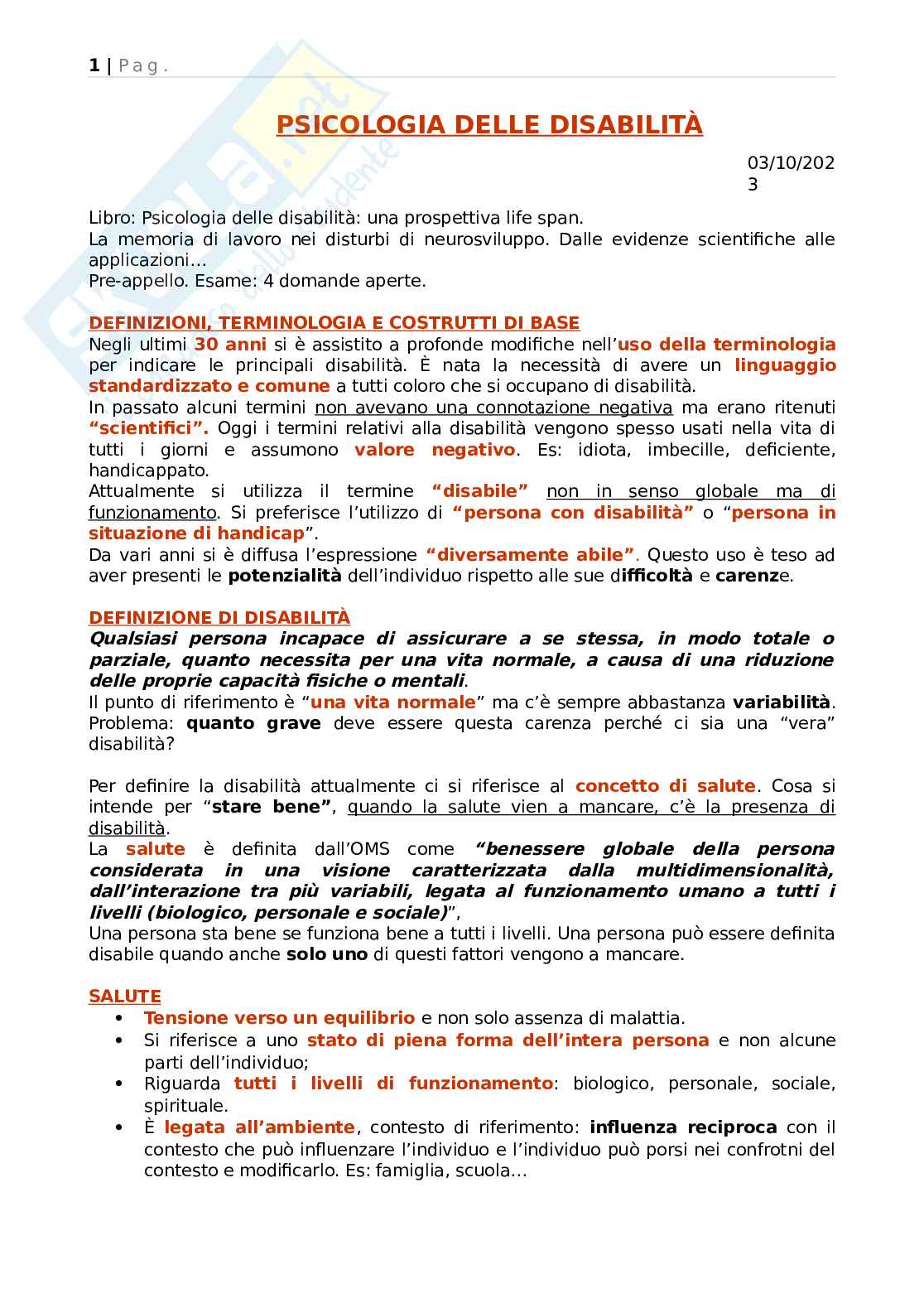 Psicologia delle disabilità Pag. 1