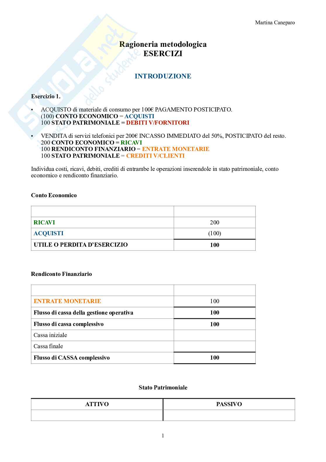 Ragioneria Metodologica – Parte 3 – Esercizi per tipologia con soluzione Pag. 1