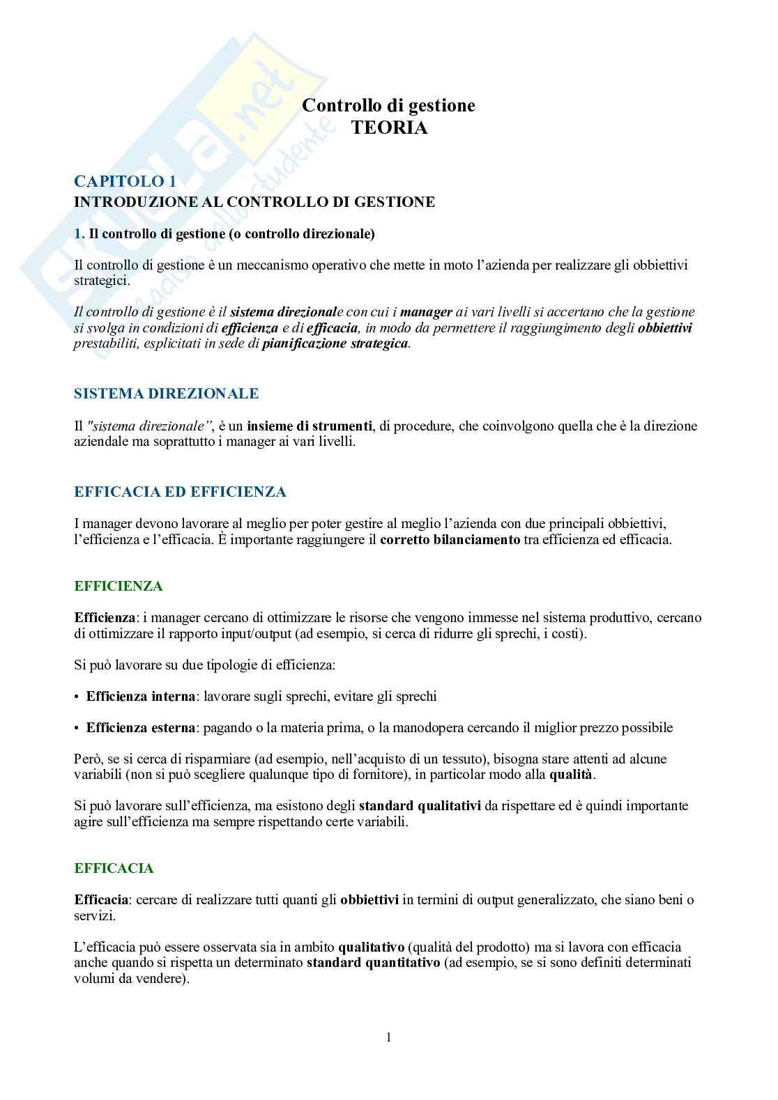 Controllo di gestione – Parte 1, teoria (BEP, costi, budgeting, reporting) Pag. 1