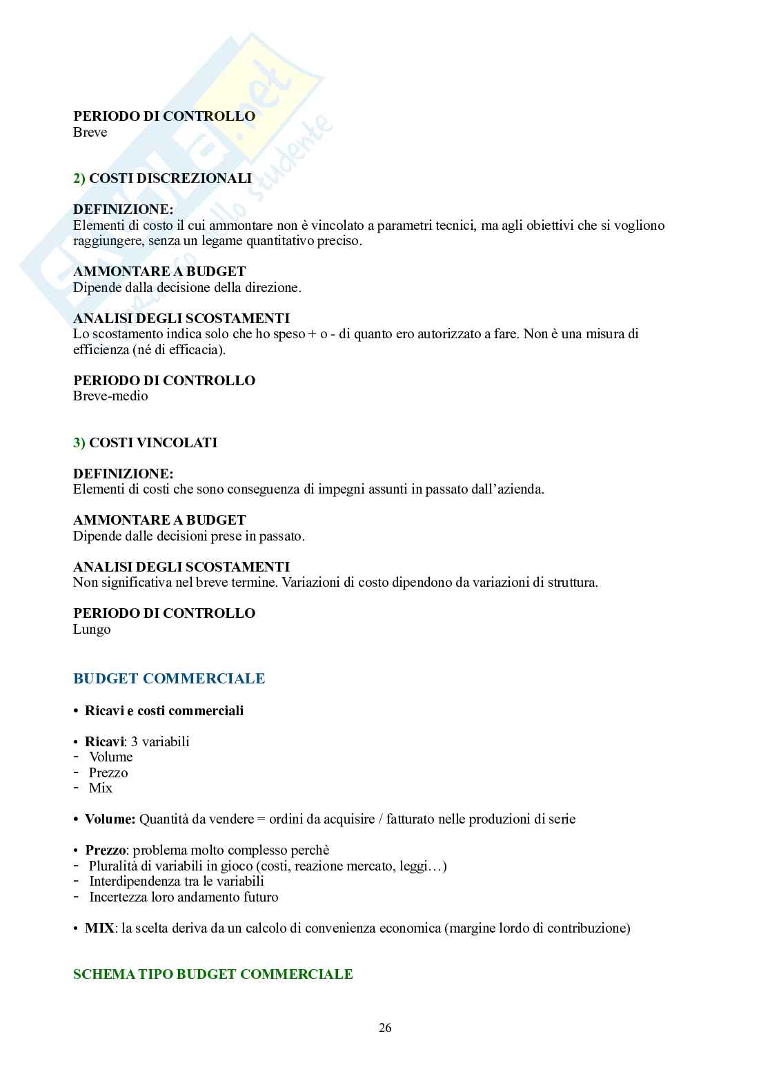 Controllo di gestione – Parte 1, teoria (BEP, costi, budgeting, reporting) Pag. 26