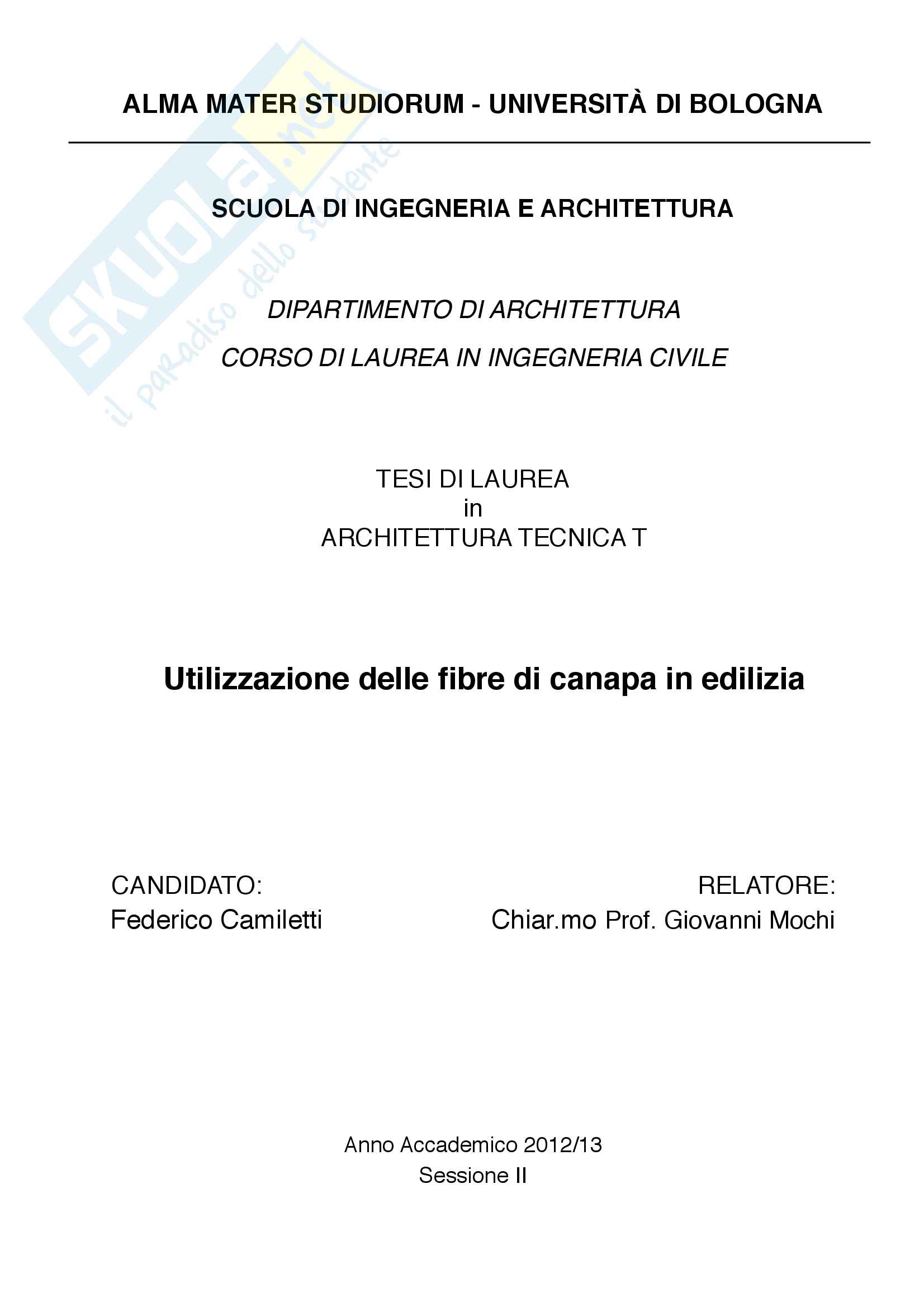 Utilizzazione delle fibre di canapa in edilizia - Tesi di laurea triennale in Ingegneria Civile Pag. 1