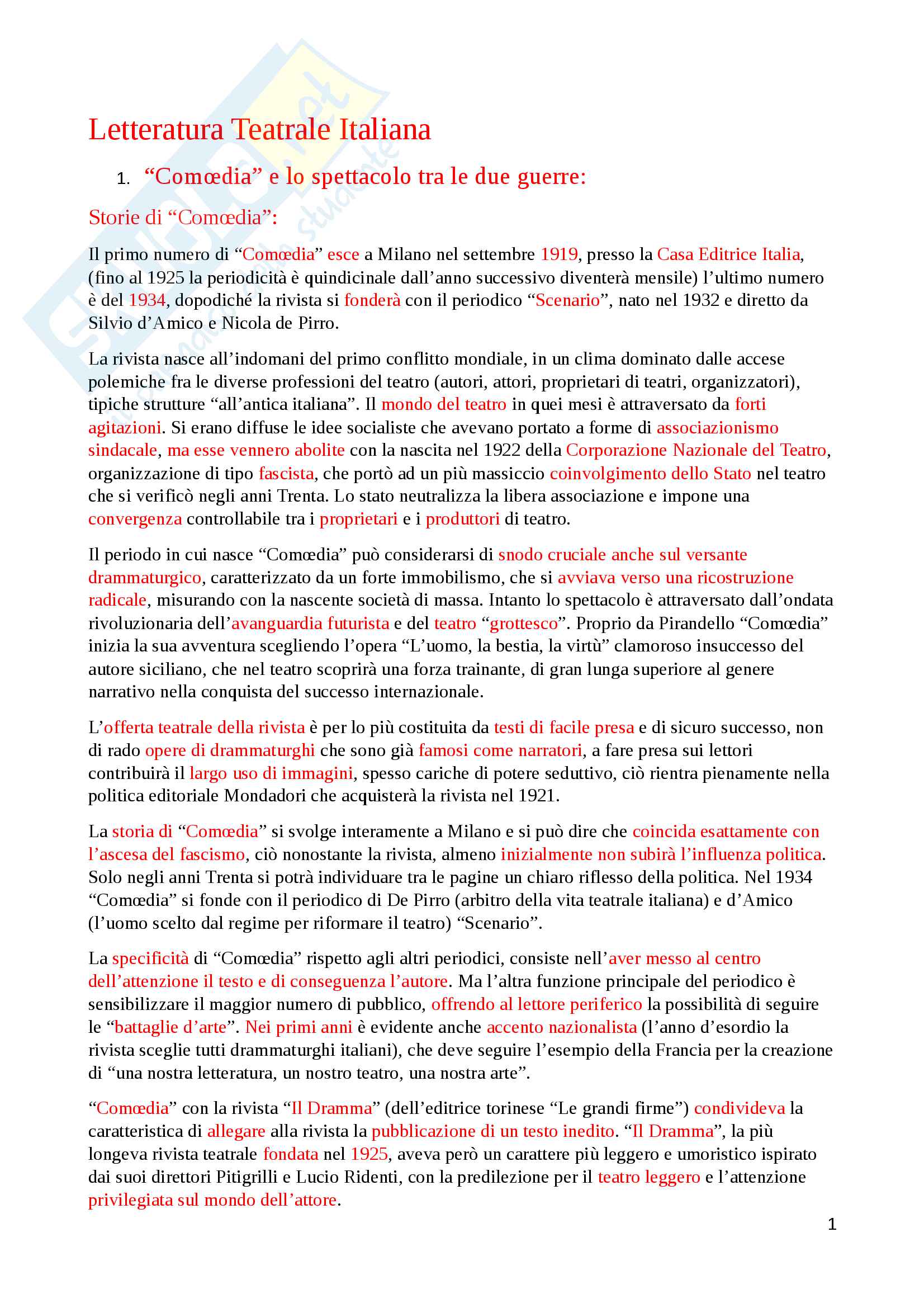 Riassunto esame Letteratura Teatrale Italiana Pag. 1