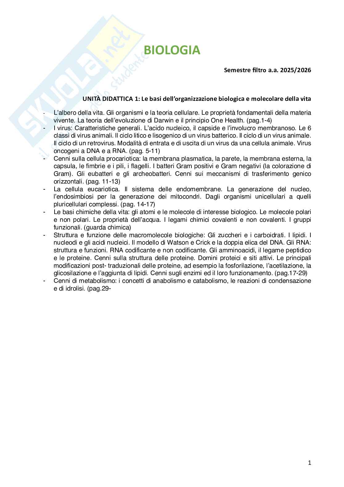 Biologia cellulare per semestre filtro Medicina Pag. 1
