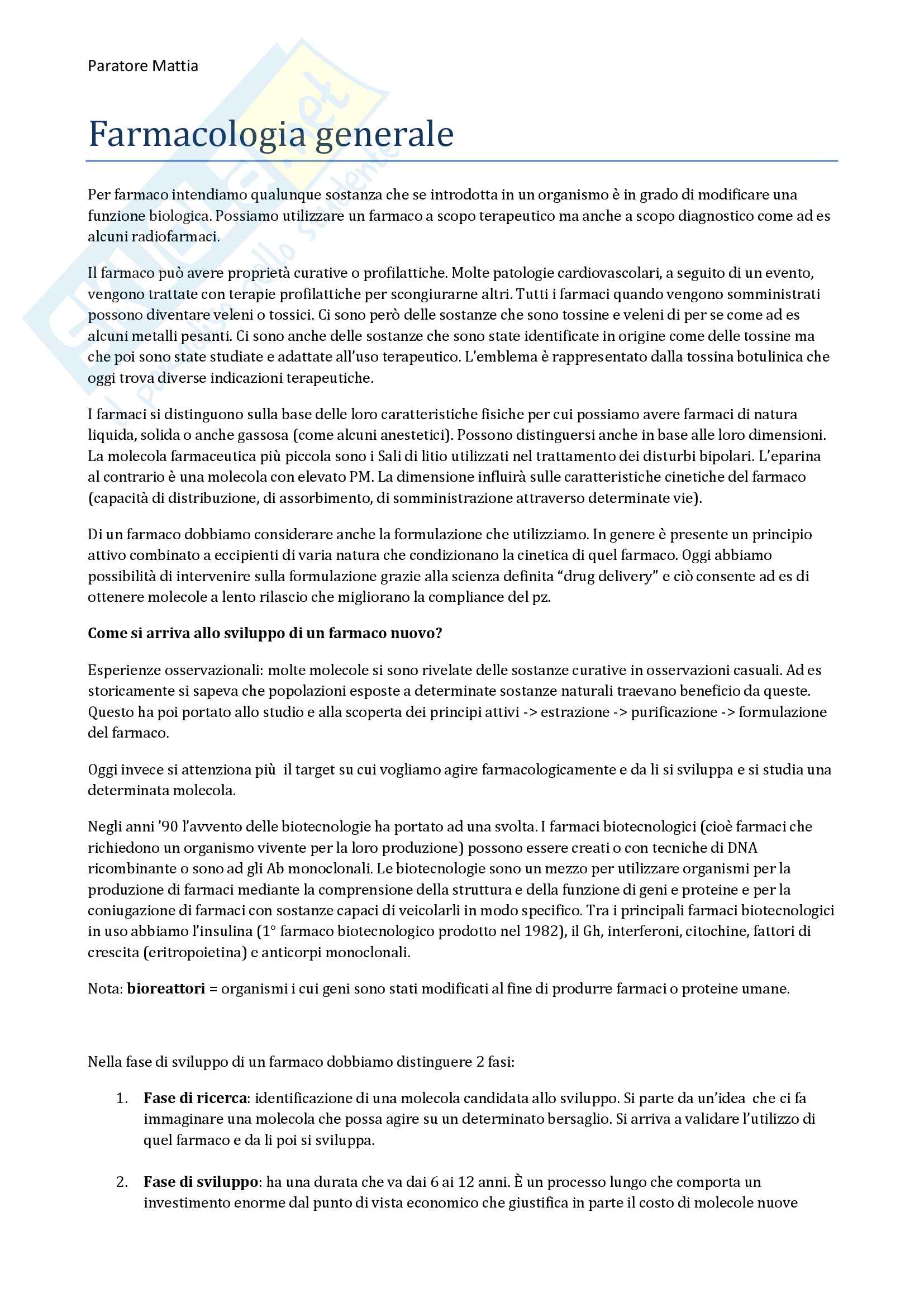 Definizioni ed esempi di Farmacologia generale Pag. 1