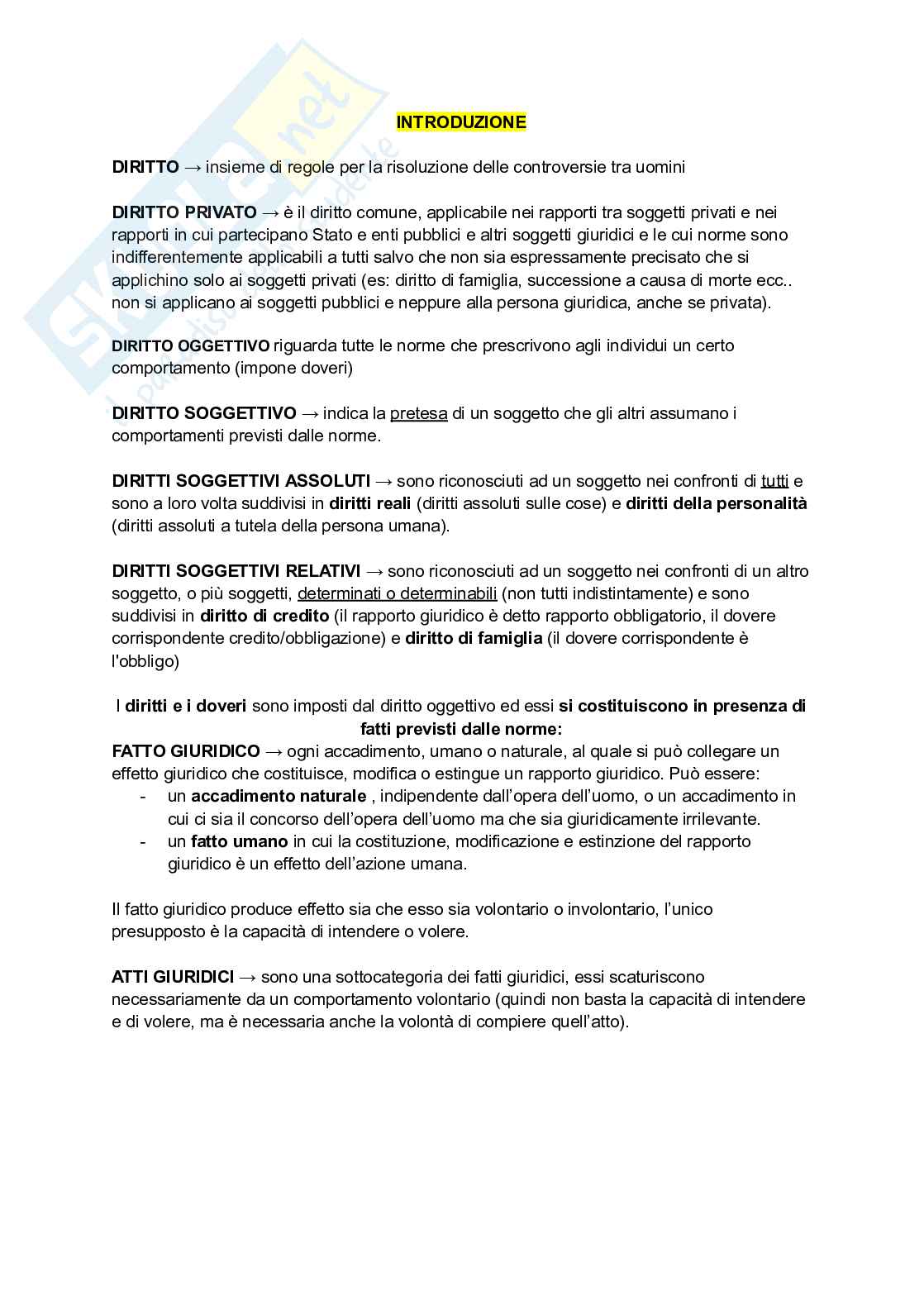 Riassunto esame Diritto privato e dell'impresa, Prof. Albanese Antonio, libro consigliato Manuale di diritto privato, Galgano Pag. 1