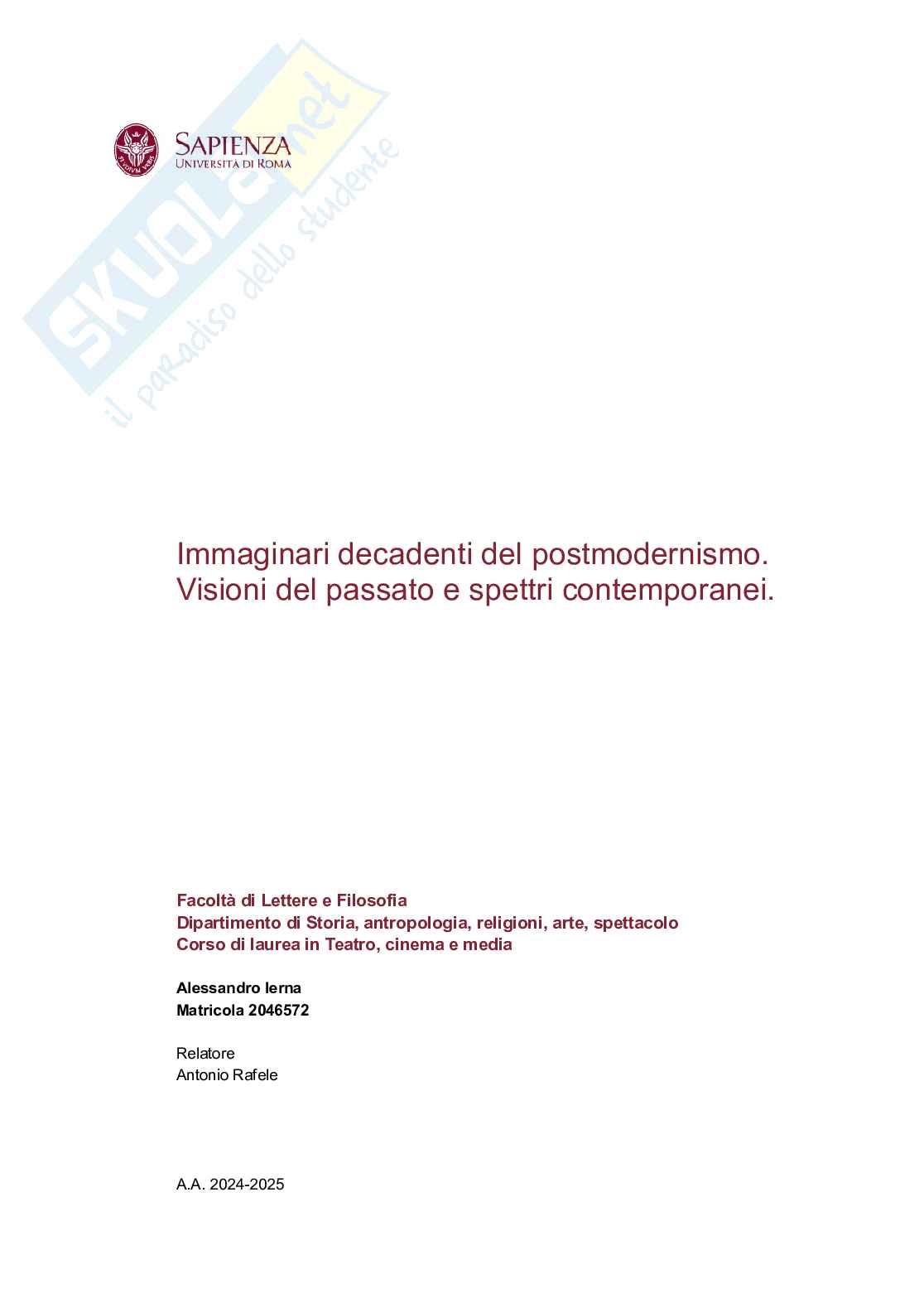 Tesi. Immaginari decadenti del postmodernismo. Visioni del passato e spettri contemporanei Pag. 1