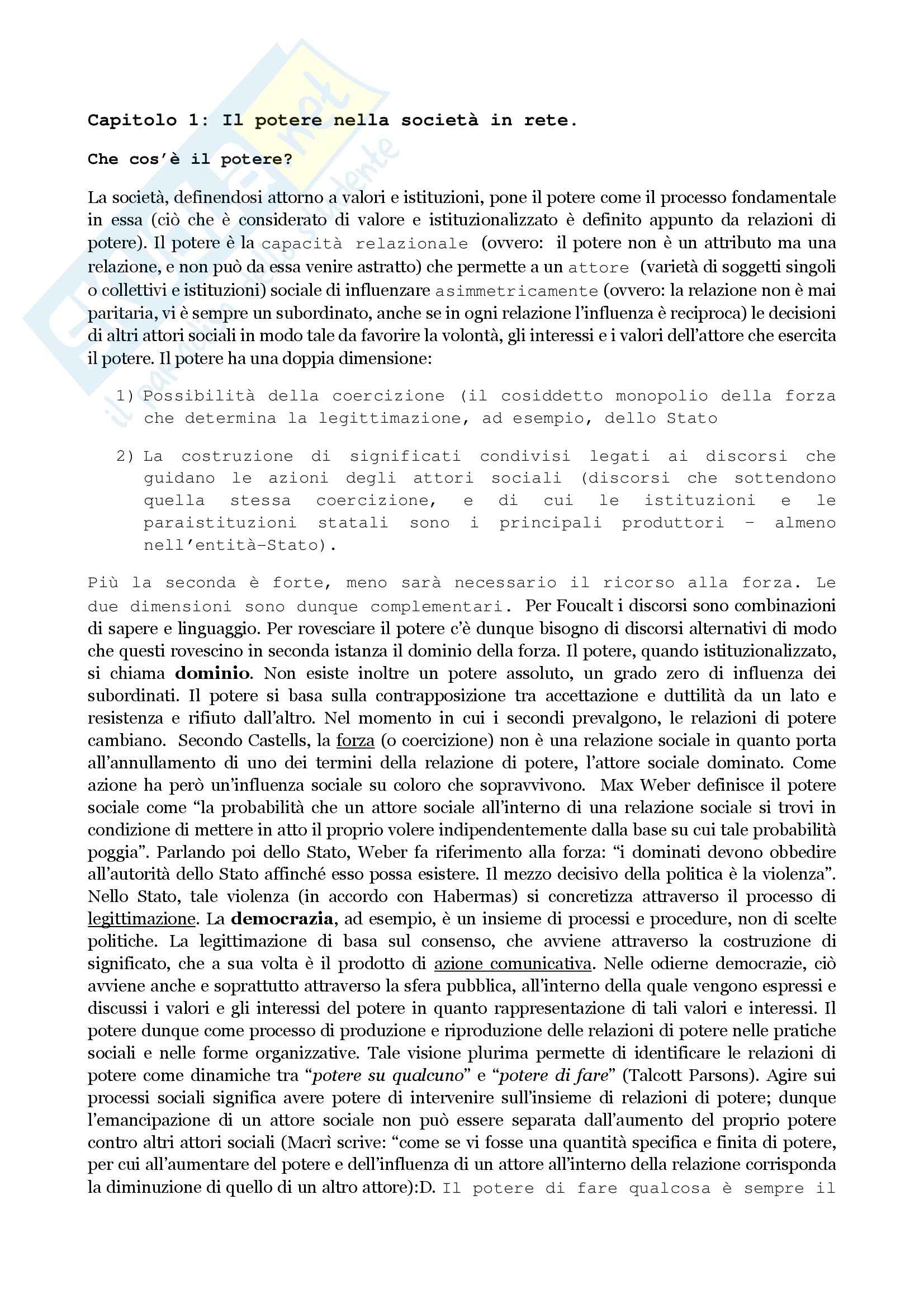 Comunicazione e potere - Castells (cap.1) Pag. 1