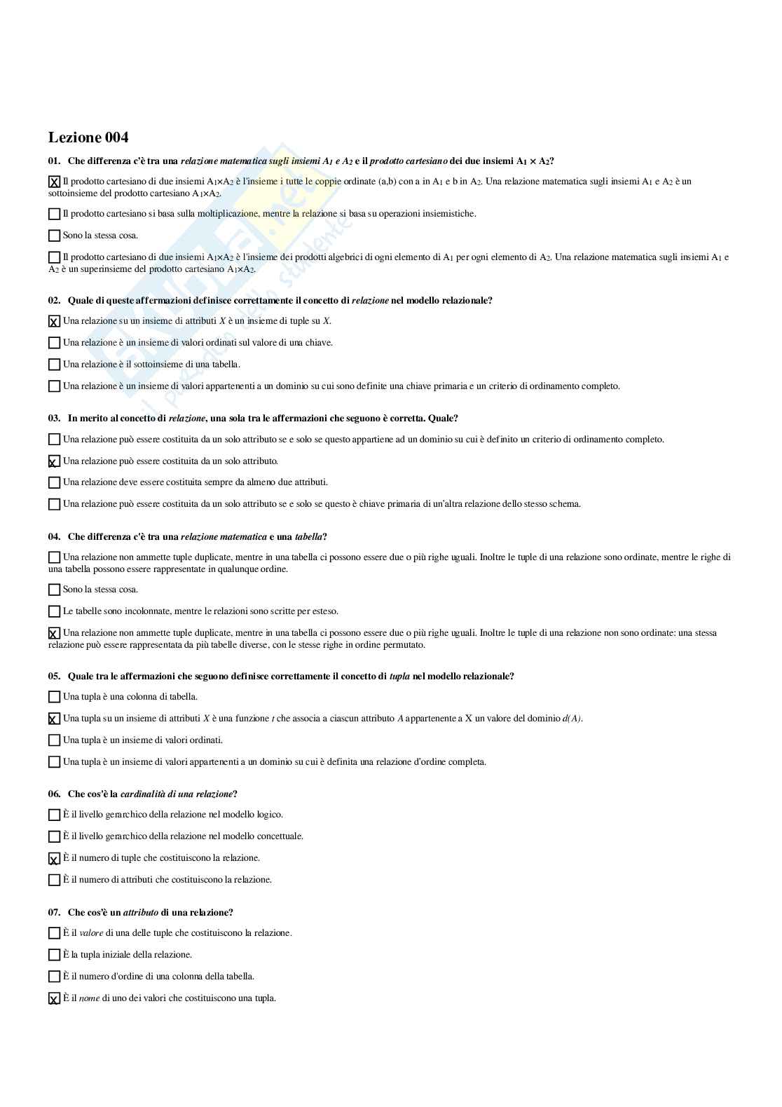 Paniere basi di dati - risposte multiple Pag. 1