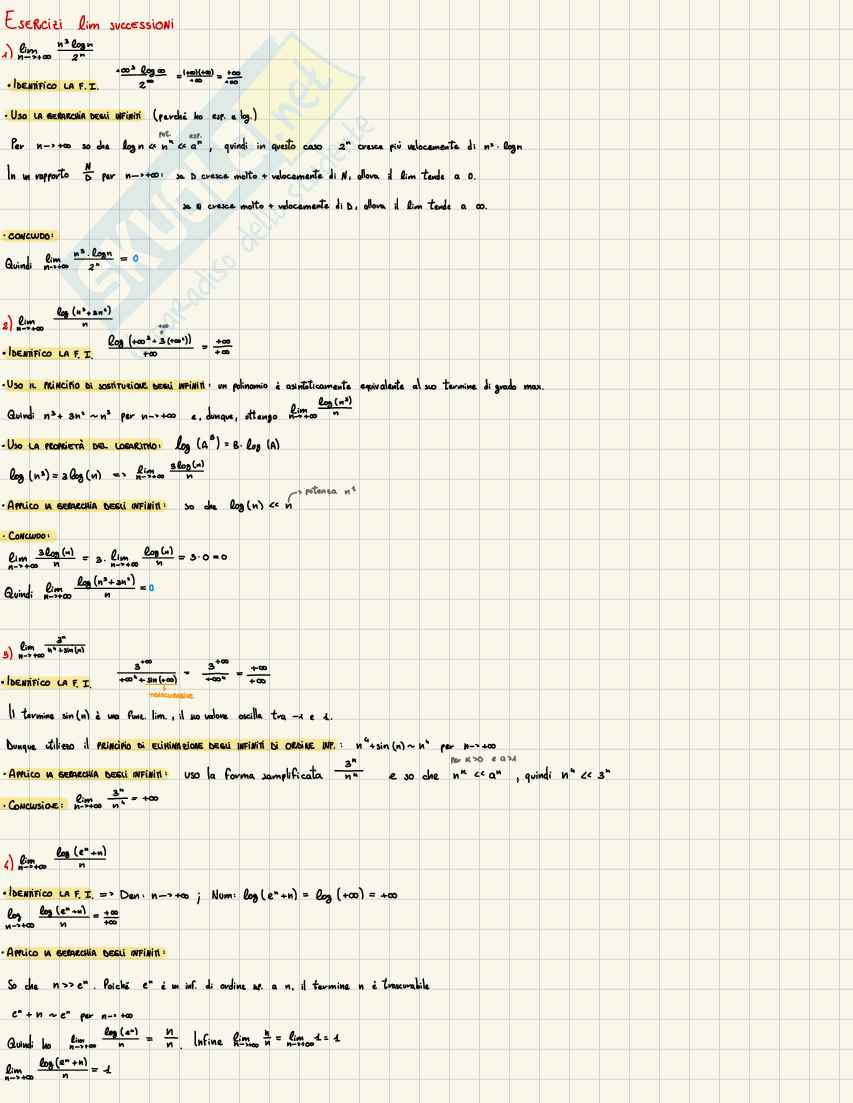 Analisi 1: esercizi svolti sui limiti di successione e gerarchia degli infiniti Pag. 1