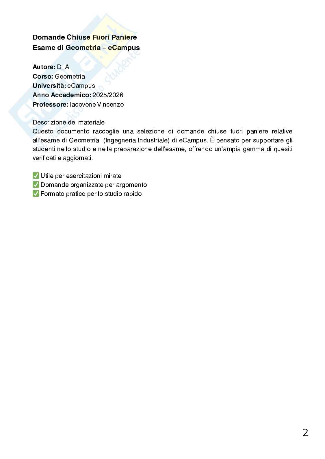 Geometria – Paniere risposte chiuse fuori paniere complete e corrette (circa 19) – A.A. 2025/2026 Pag. 2