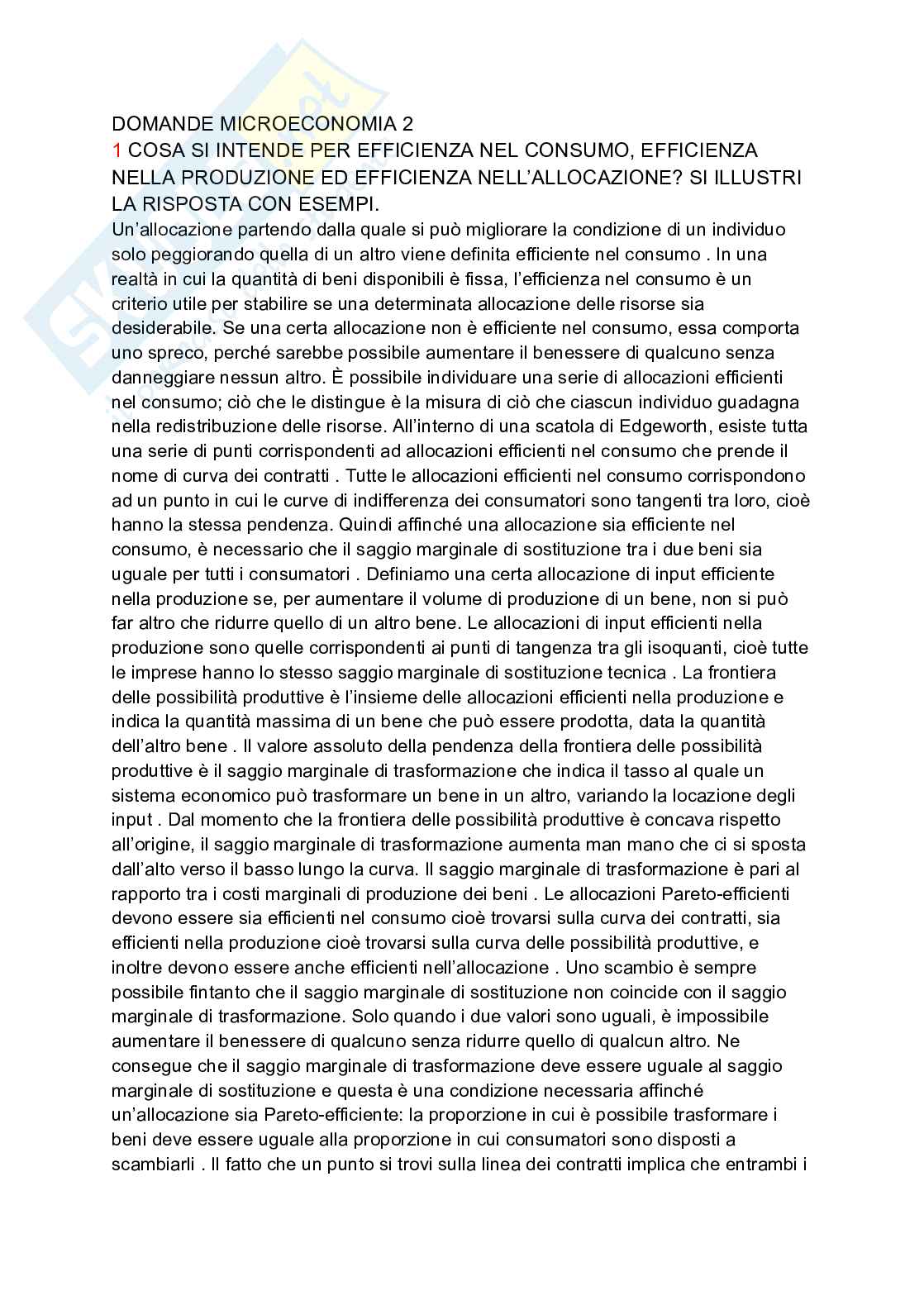 Domande e risposte Istituzioni di microeconomia  Pag. 1