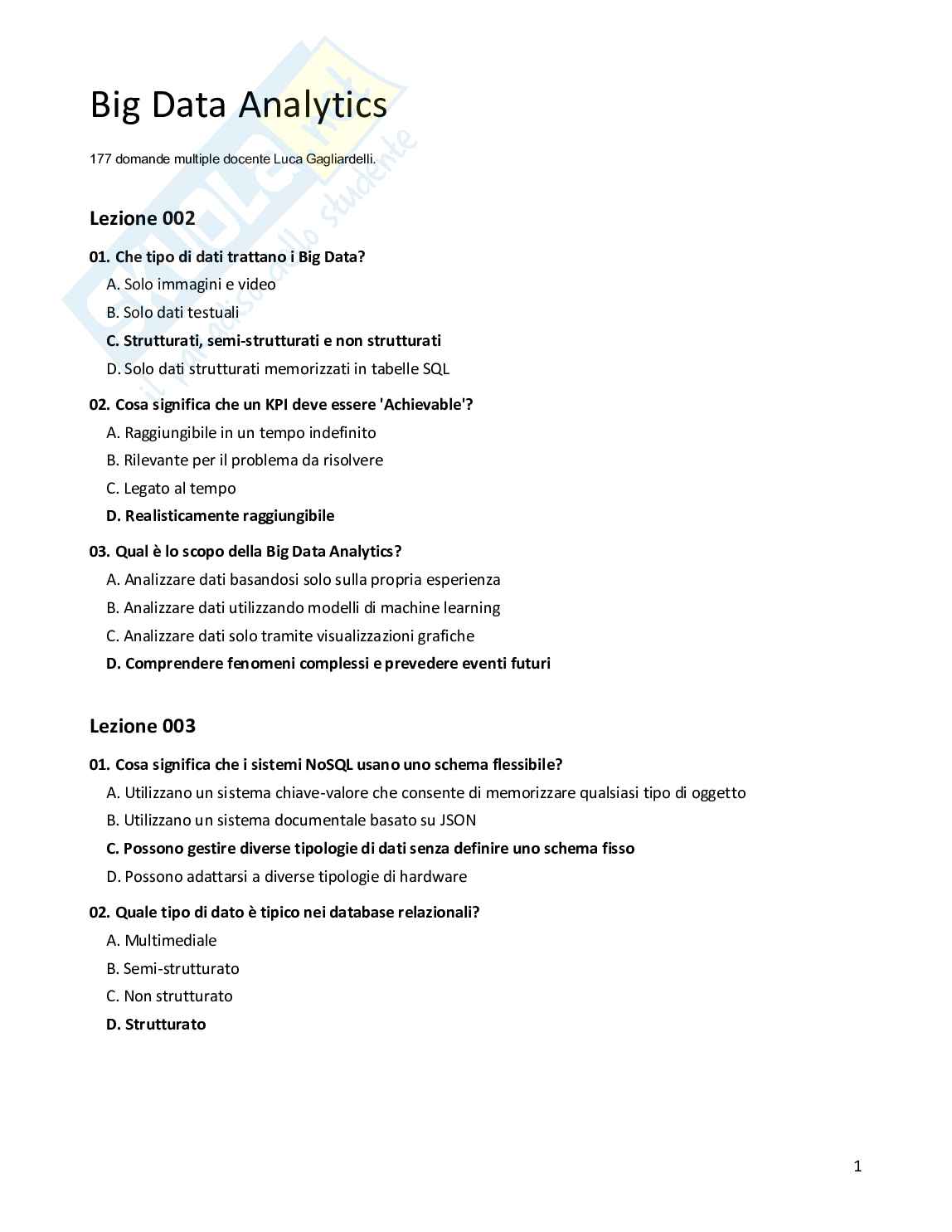 Quiz risolti Big data analytics, 2026 Pag. 1