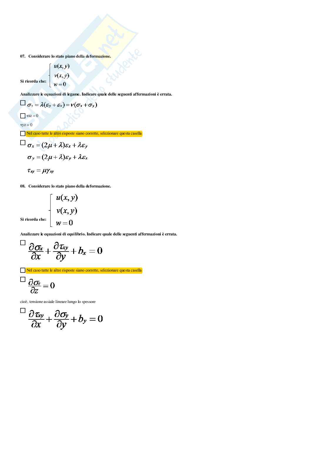 Meccanica del continuo – Preparazione esame – Paniere completo risposte chiuse (166) – A.A. 2025/2026 Pag. 66
