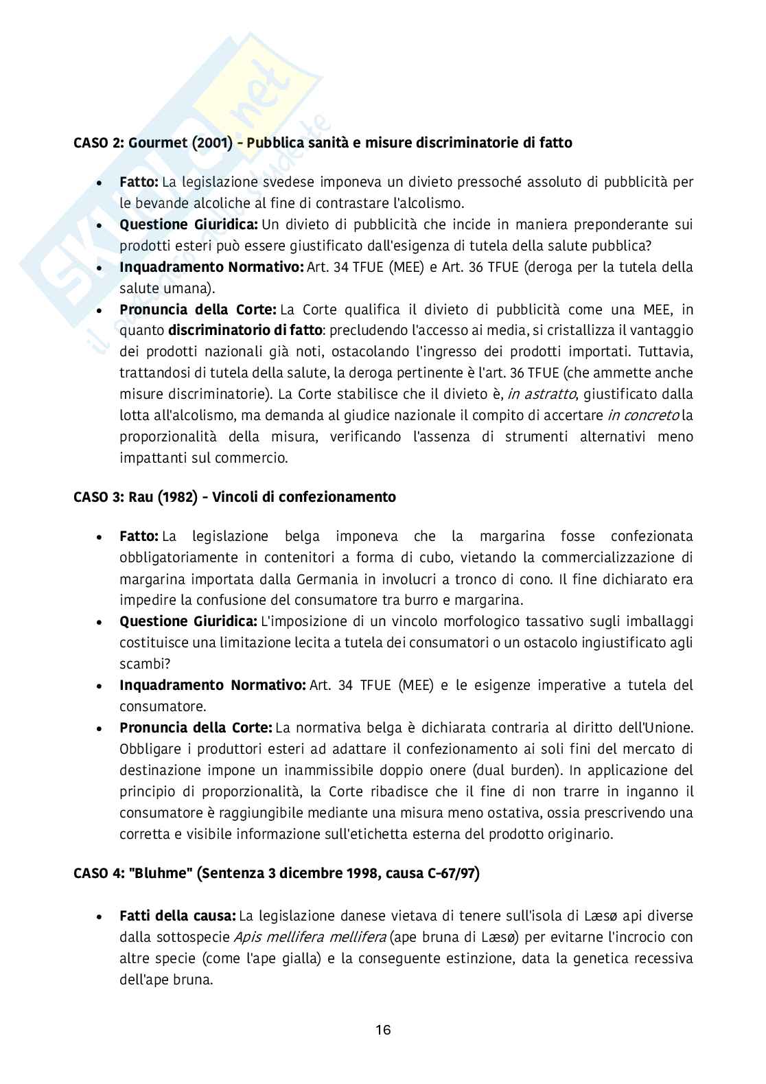 Riassunto esame Diritto dell’unione europea, Prof. Emanuela Pistoia, libro consigliato Mercato unico e libertà di circolazione , Arena   Pag. 16