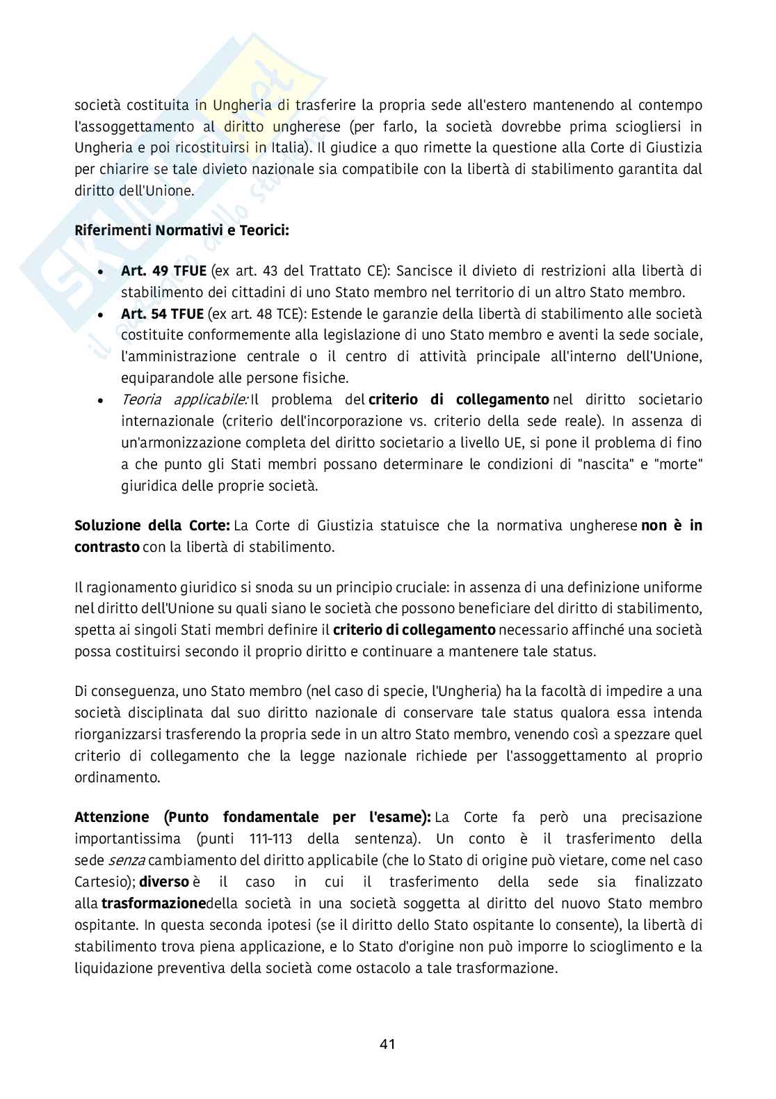 Riassunto esame Diritto dell’unione europea, Prof. Emanuela Pistoia, libro consigliato Mercato unico e libertà di circolazione , Arena   Pag. 41