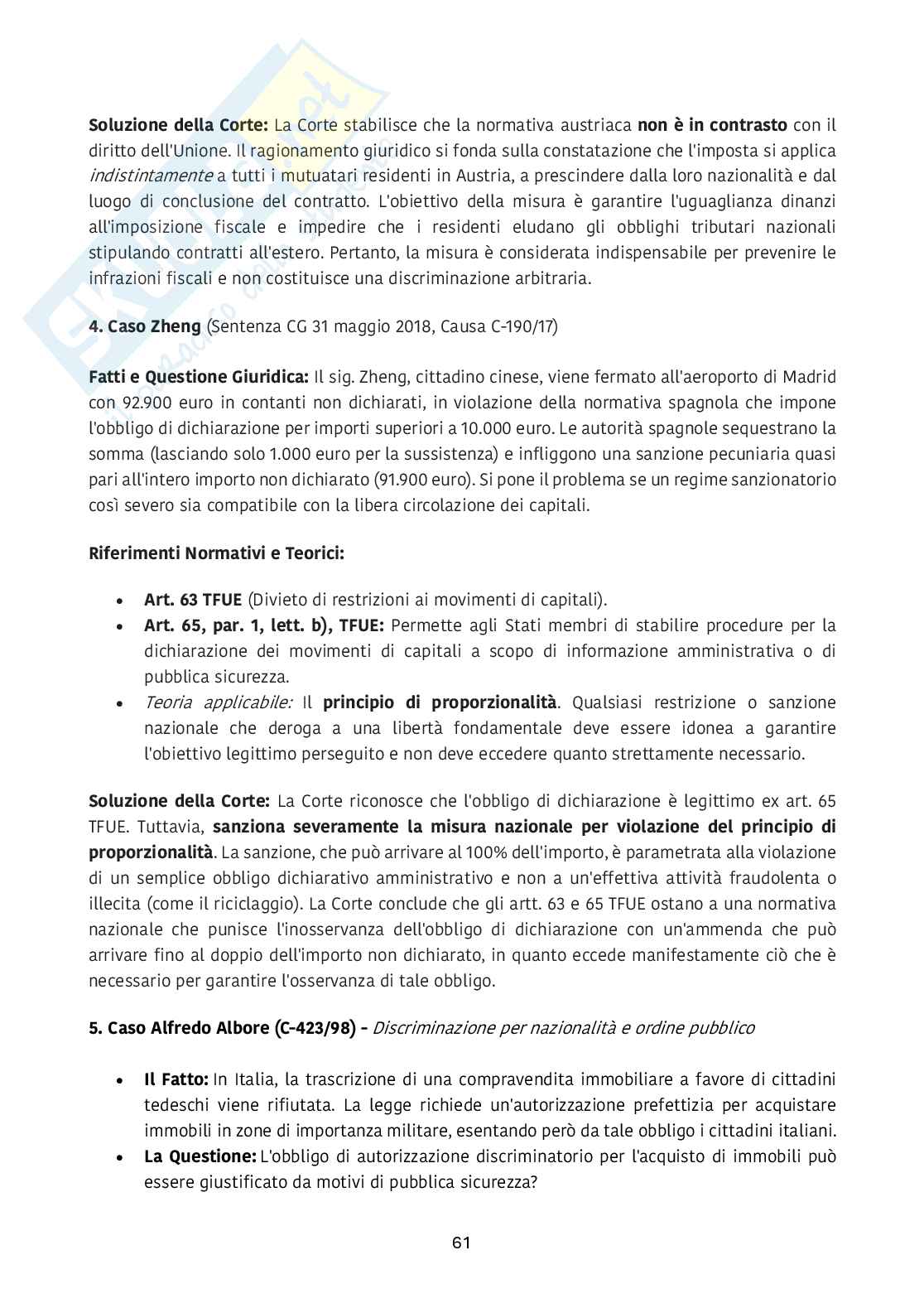 Riassunto esame Diritto dell’unione europea, Prof. Emanuela Pistoia, libro consigliato Mercato unico e libertà di circolazione , Arena   Pag. 61