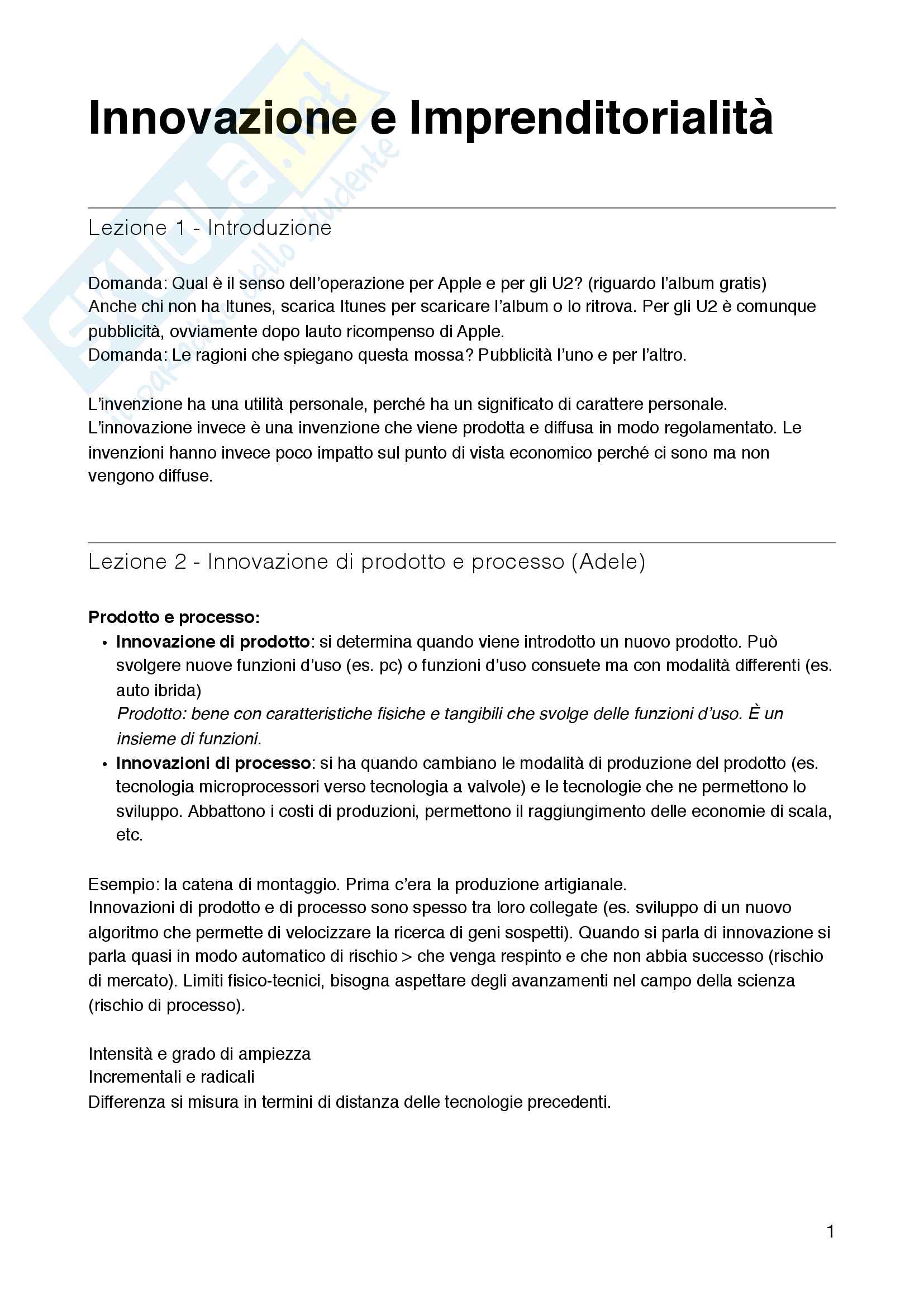 Lezioni Innovazione e Imprenditorialità + Appunti Schilling Pag. 1