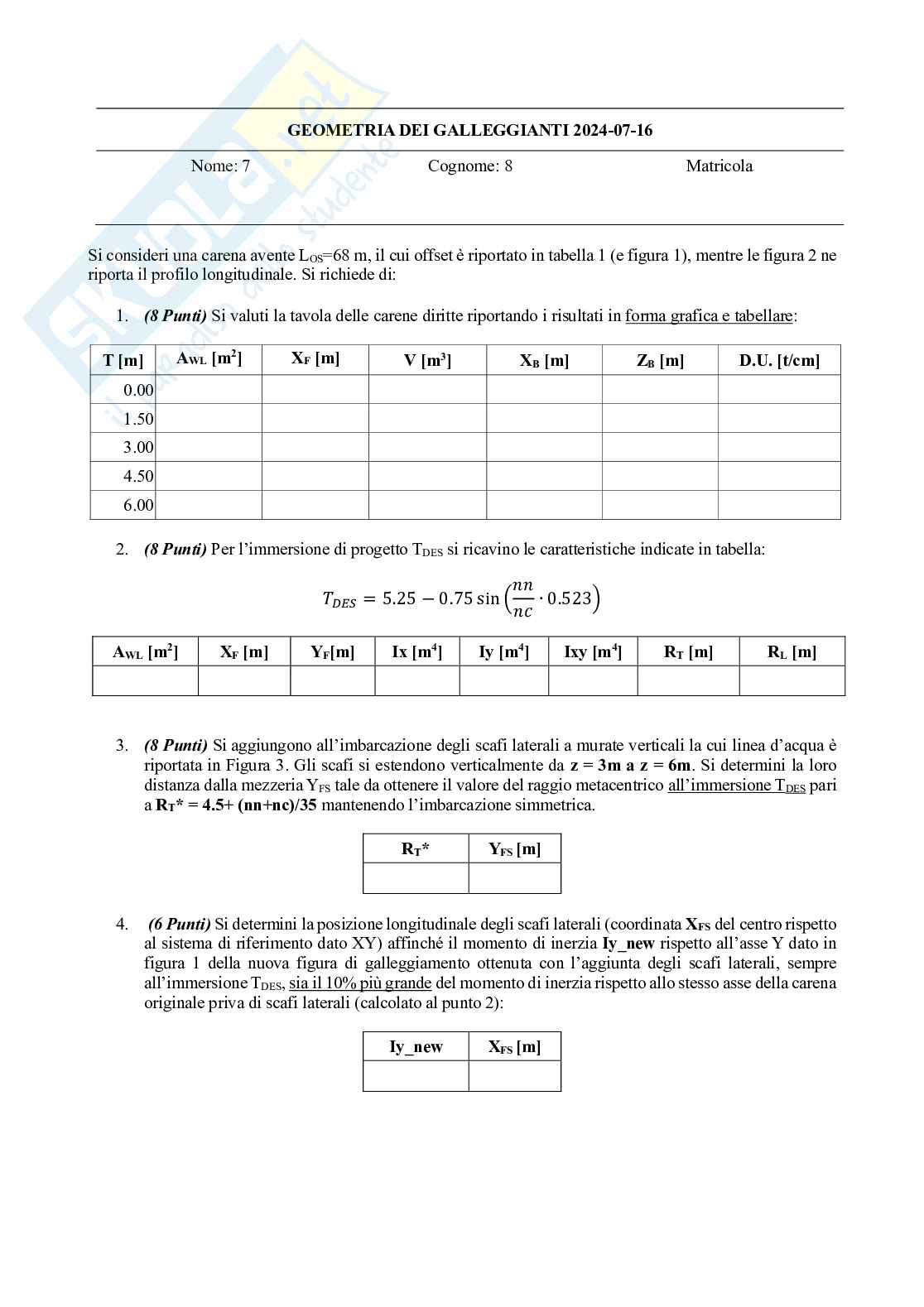 Esercizi di Geometria dei galleggianti svolti e commentati - Parte 2 Pag. 1
