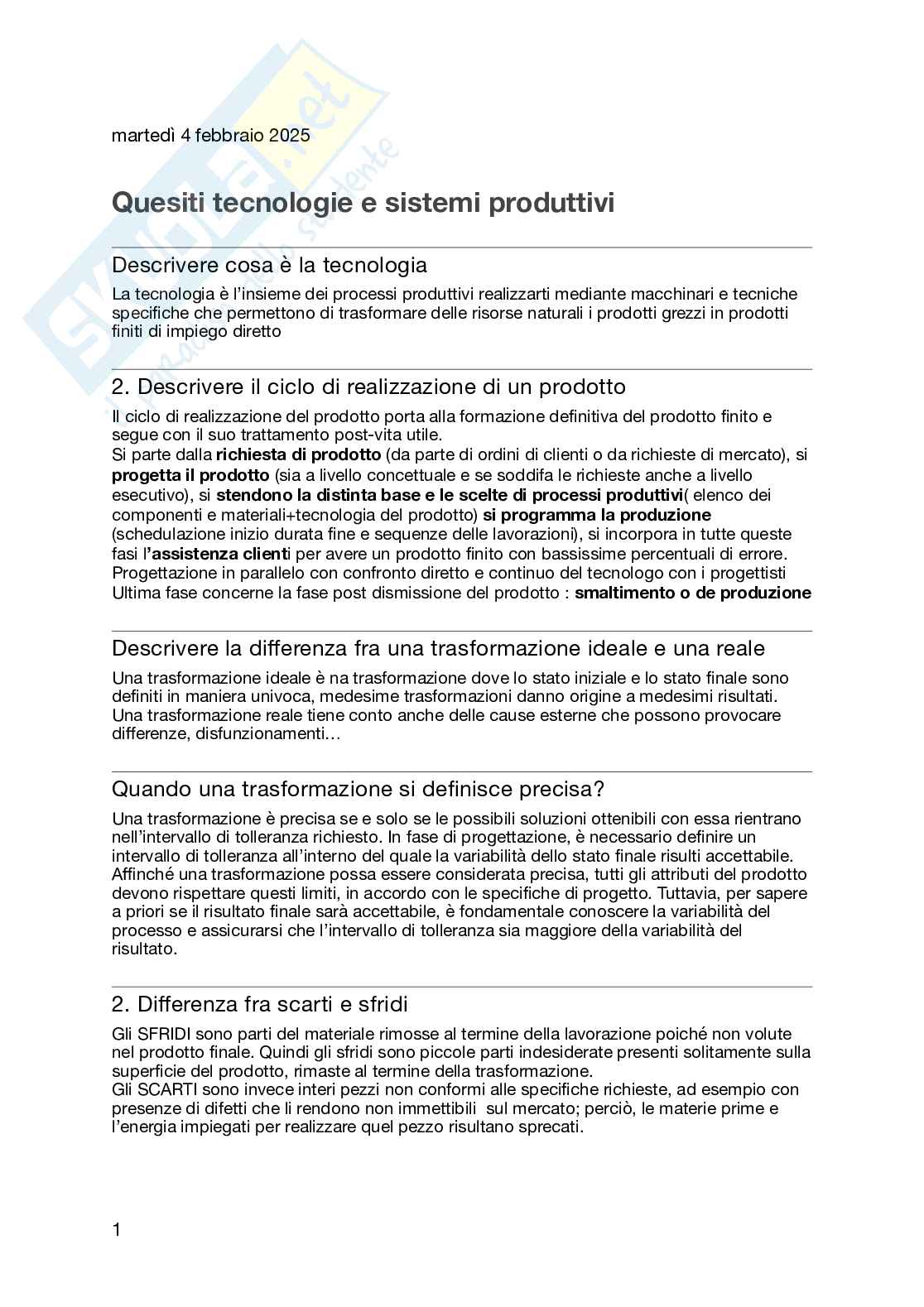 Domande aperte Tecnologie e sistemi produttivi Pag. 1