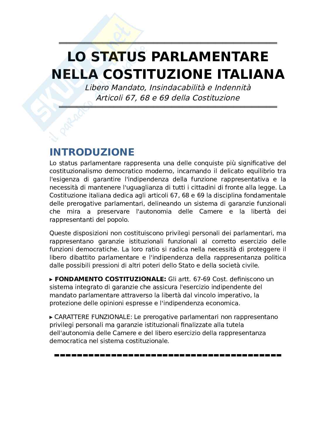 Libero mandato insindacabilità indennità Pag. 1