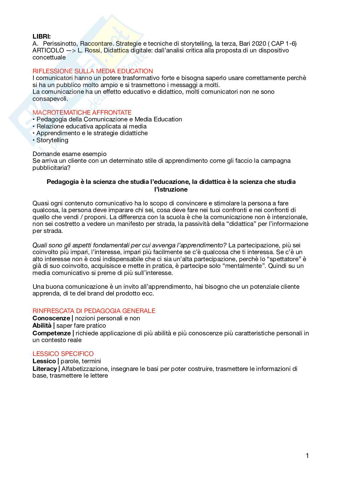 Appunti per l'esame di Pedagogia della comunicazione  Pag. 1
