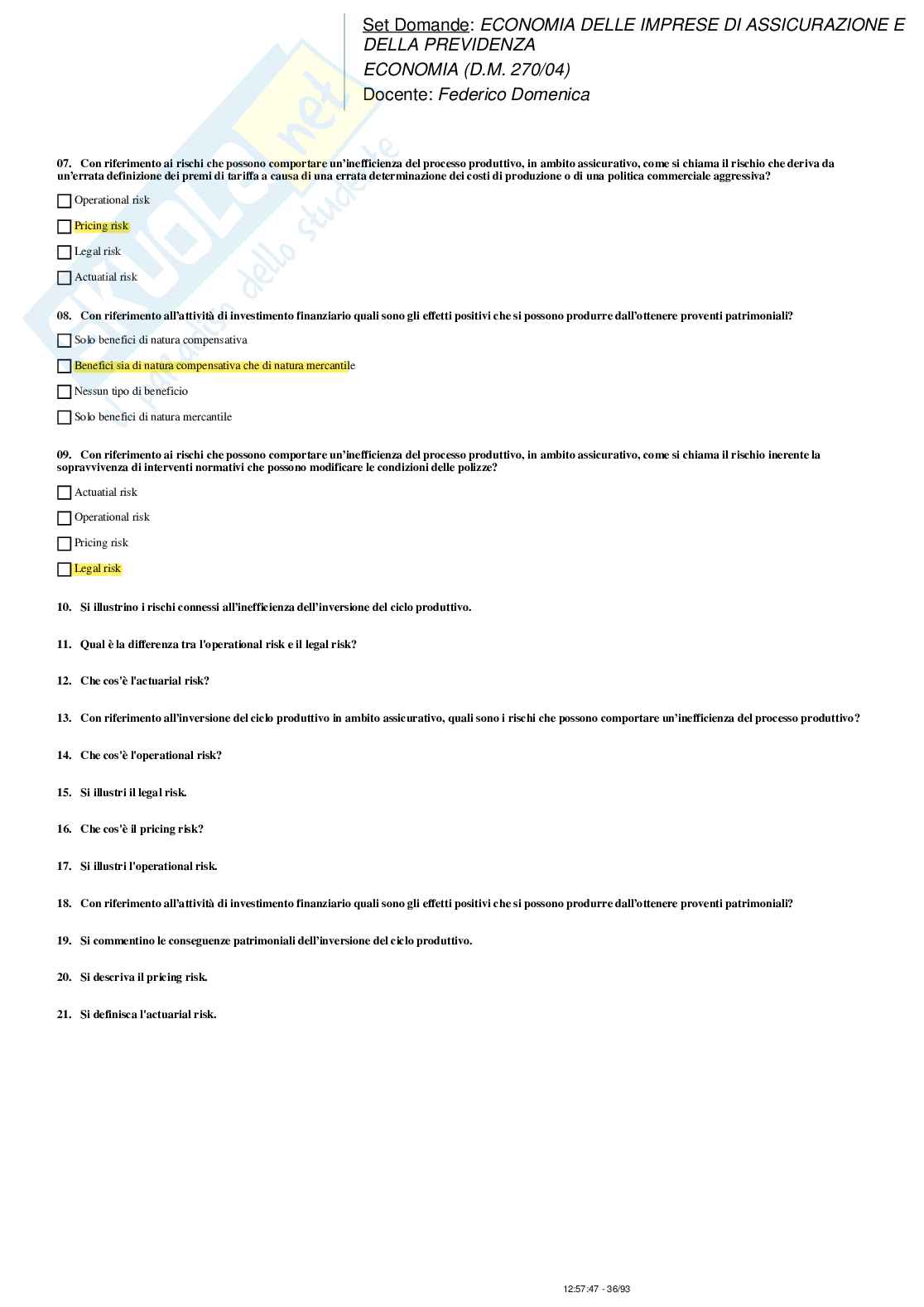 Paniere nuovo di Economia delle imprese di assicurazione e della previdenza Pag. 36