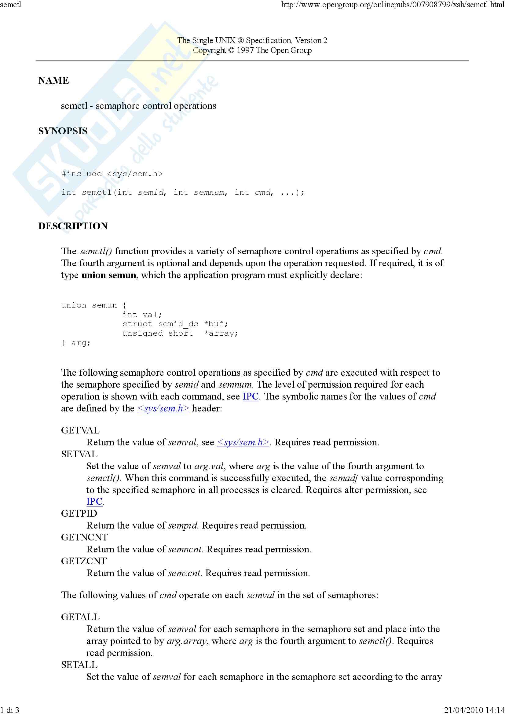 Sistemi operativi - Syscall semctl Pag. 1