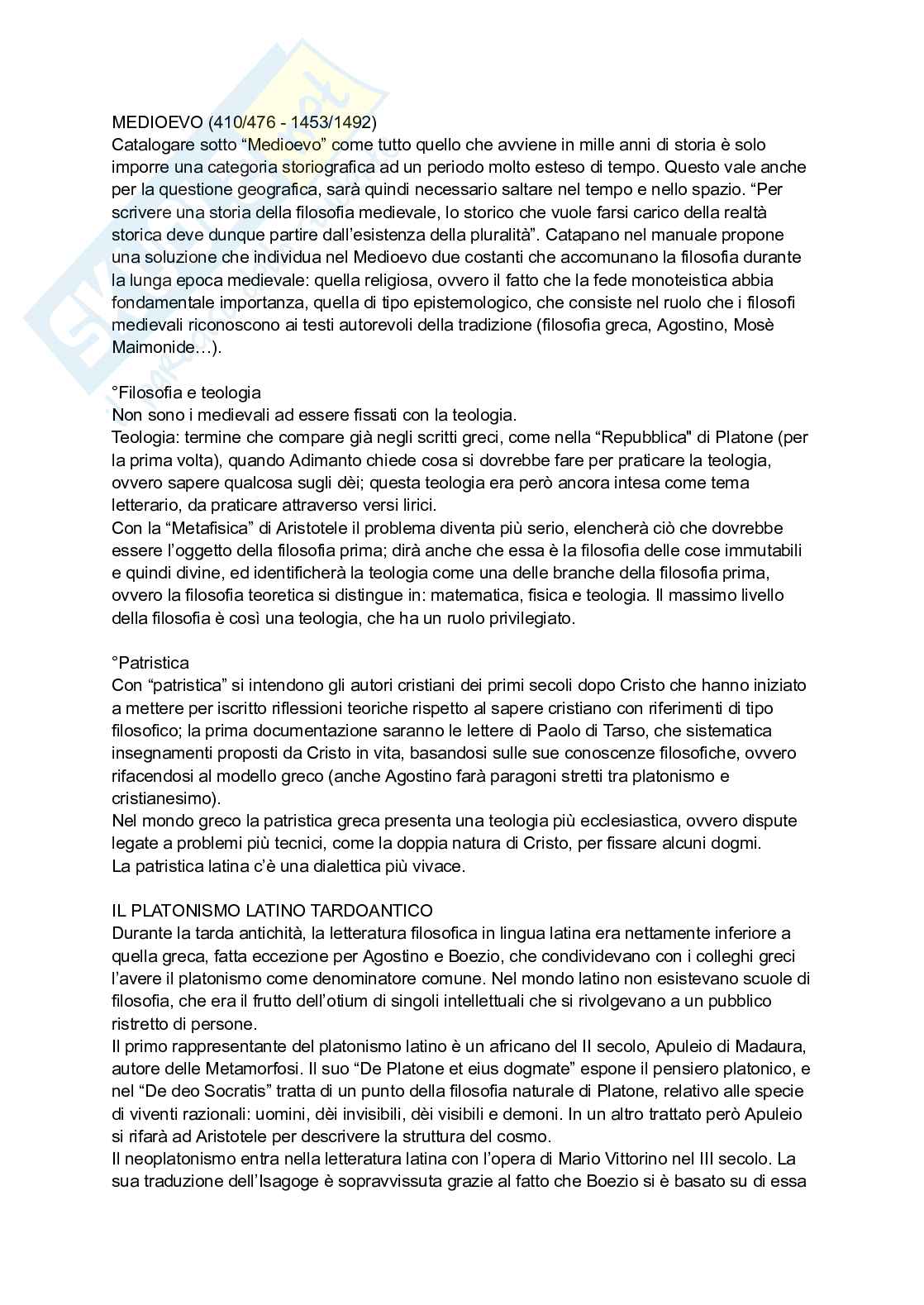 Riassunto esame Storia della filosofia medievale, Prof. Colli Andrea, libro consigliato Filosofie medievali. Dalla tarda antichità all’Umanesimo , Catapano Pag. 1