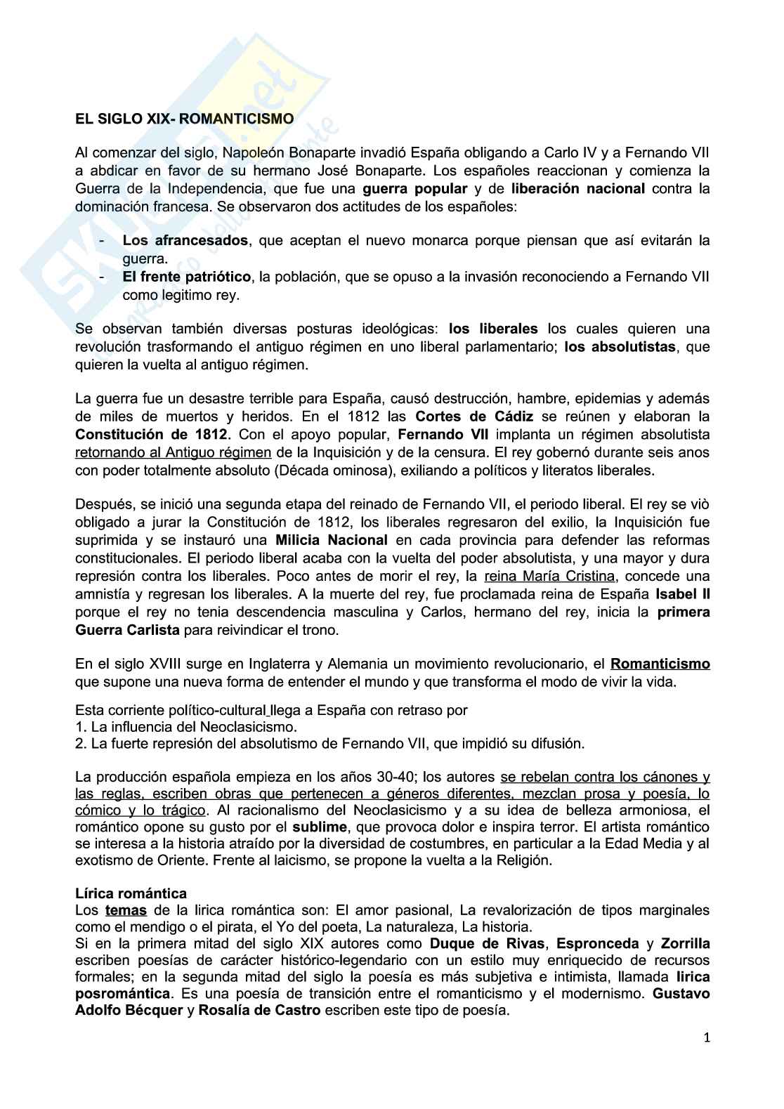Letteratura spagnola del XIX secolo: Esilio e Romanticismo Pag. 1