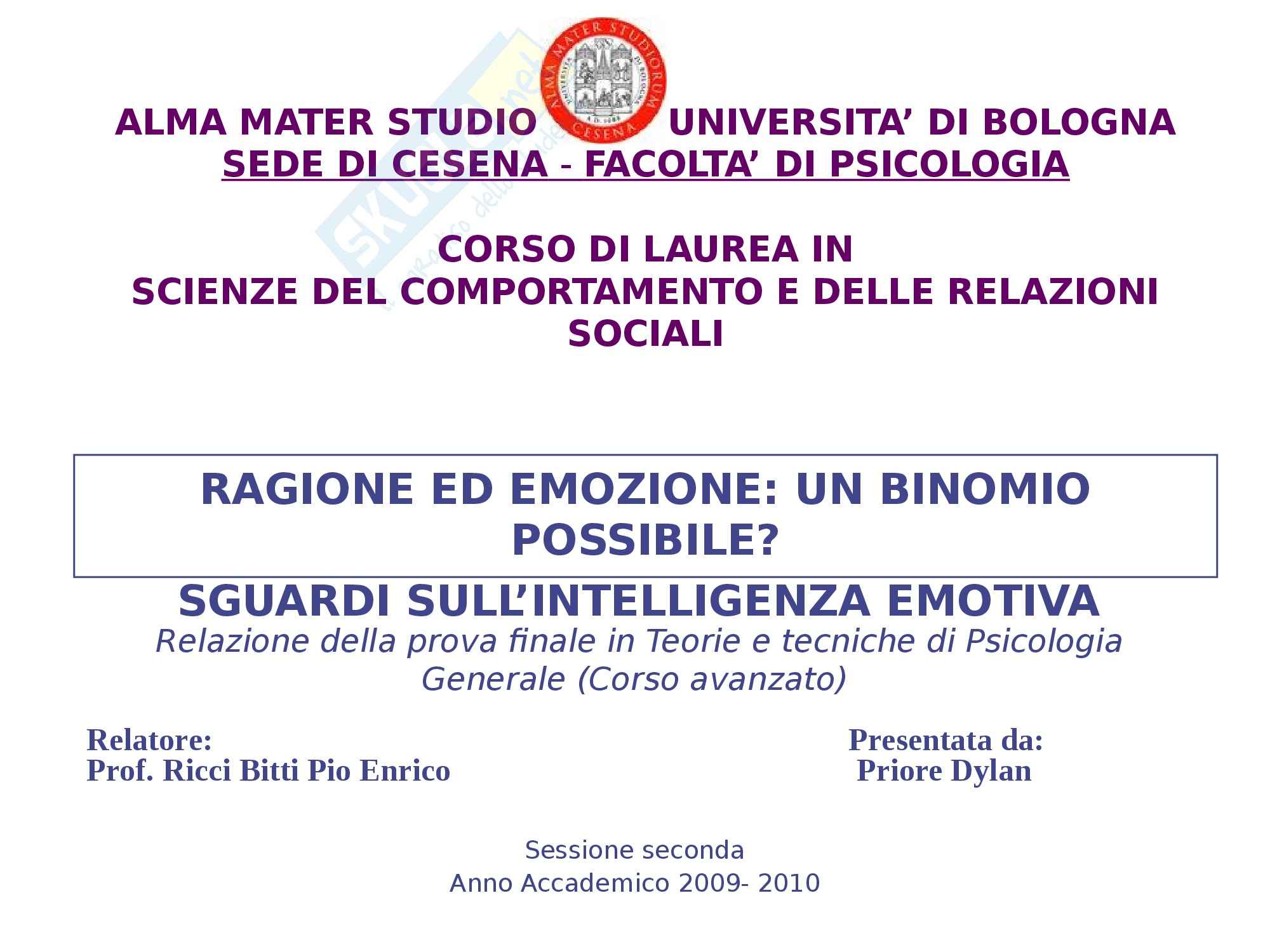 Psicologia generale - Ragione ed emozione: un binomio possibile? Pag. 1