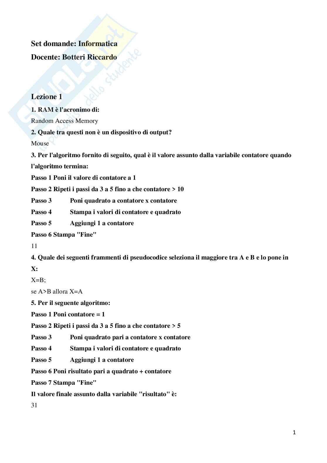 Paniere di Informatica con domande chiuse svolte Pag. 1