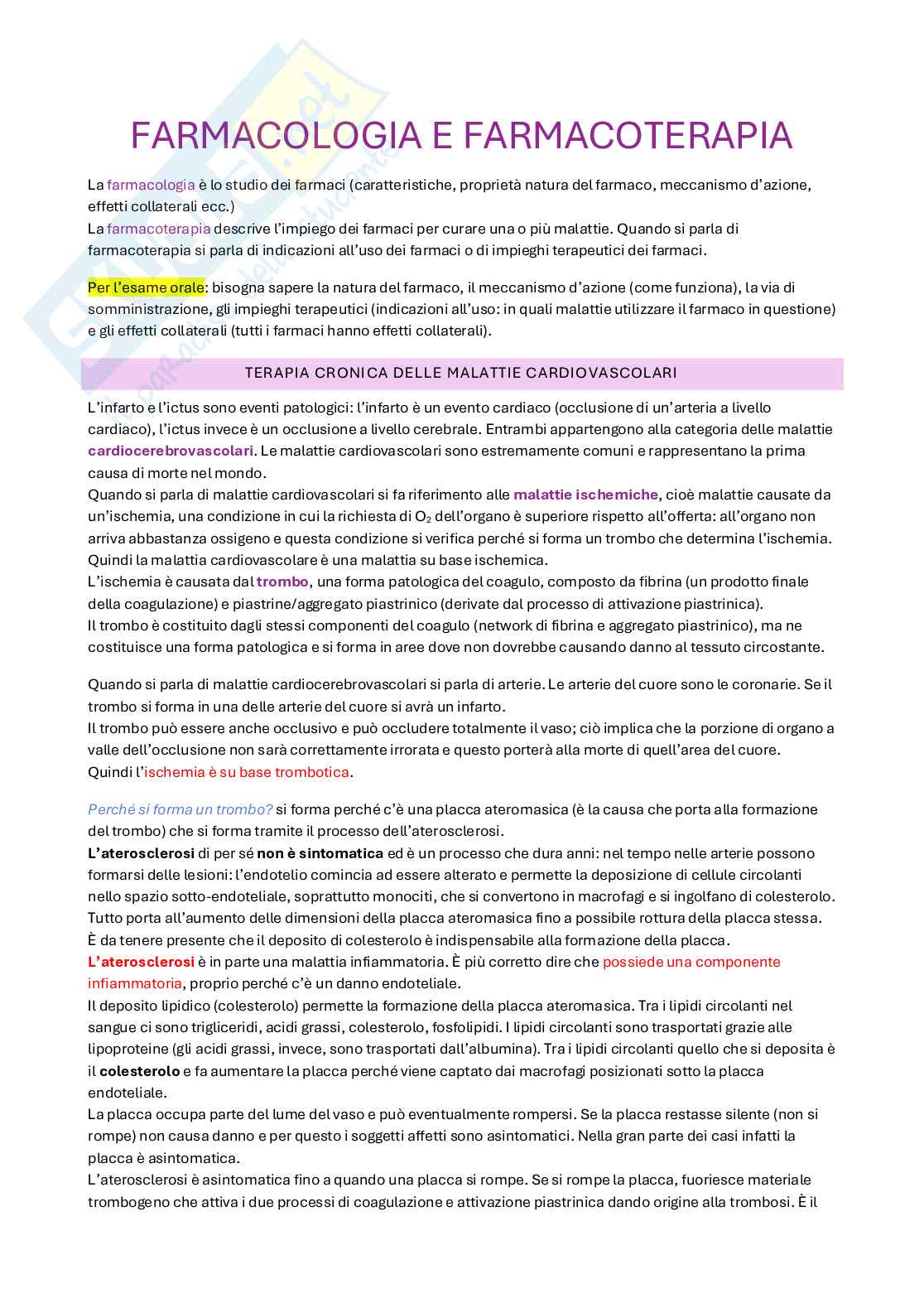 Appunti di Farmacologia e farmacoterapia sull'ipercolesterolemia  Pag. 1