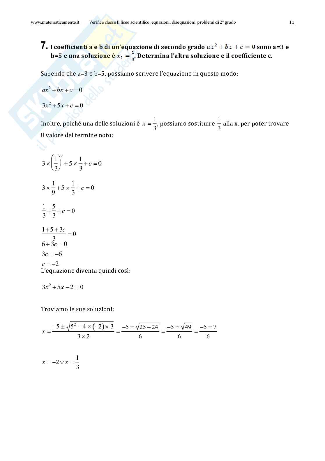 Compito in classe II liceo scientifico: equazioni, disequazioni, problemi di secondo grado Pag. 11