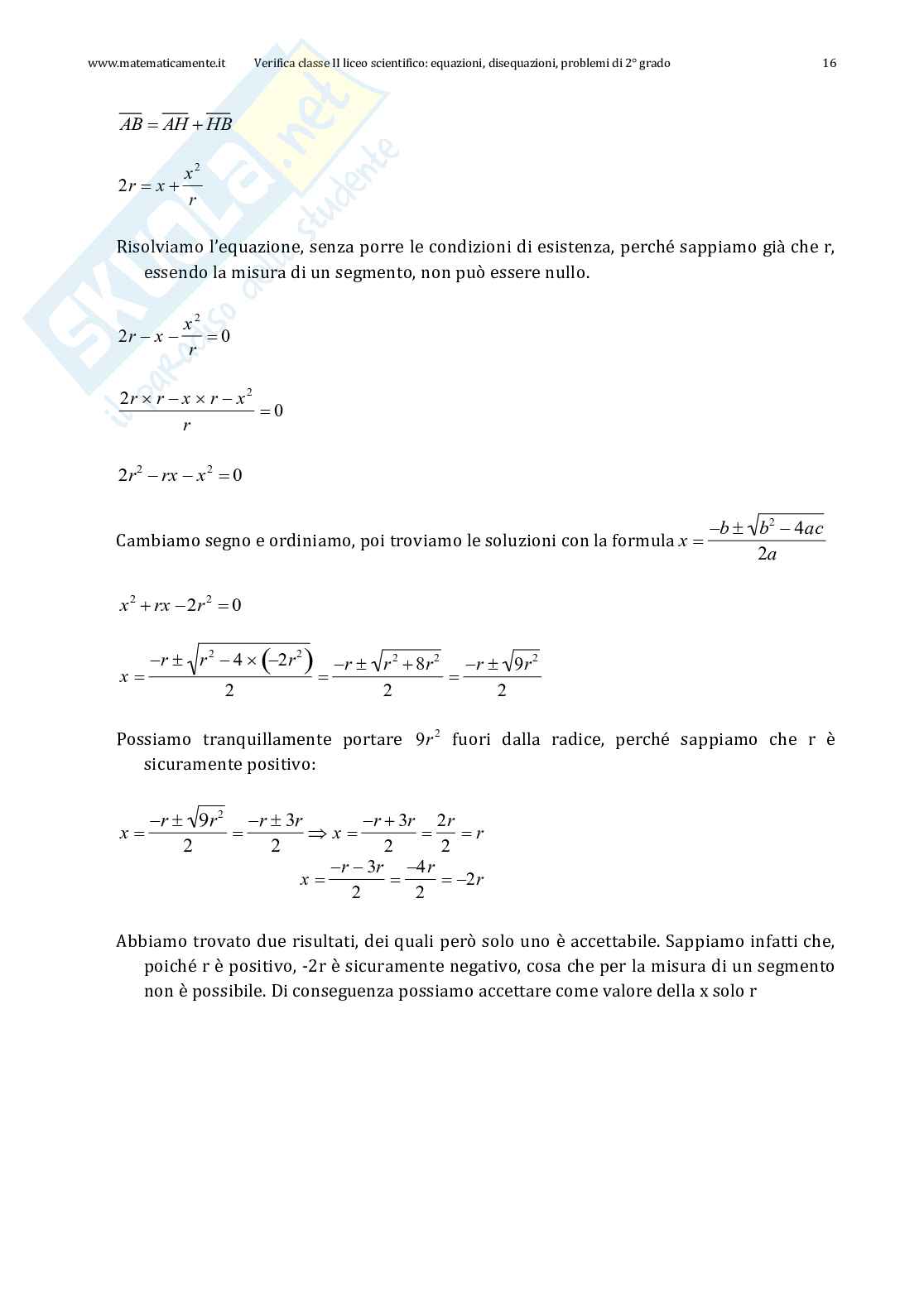 Compito in classe II liceo scientifico: equazioni, disequazioni, problemi di secondo grado Pag. 16