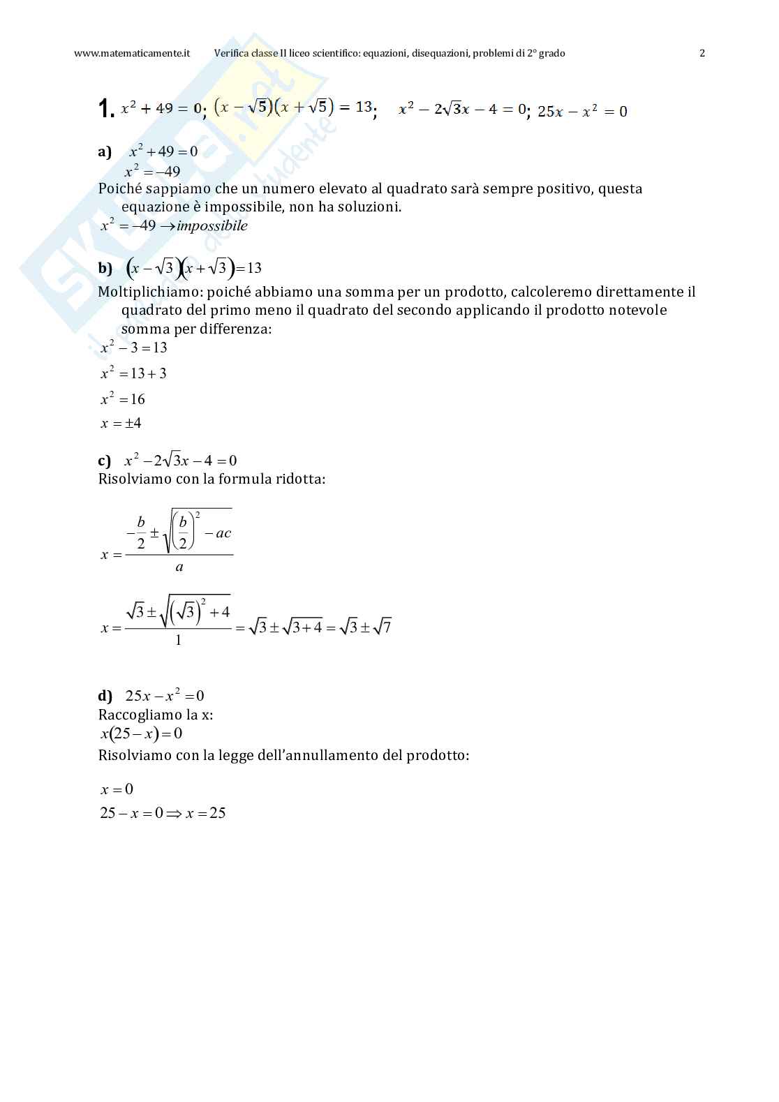 Compito in classe II liceo scientifico: equazioni, disequazioni, problemi di secondo grado Pag. 2