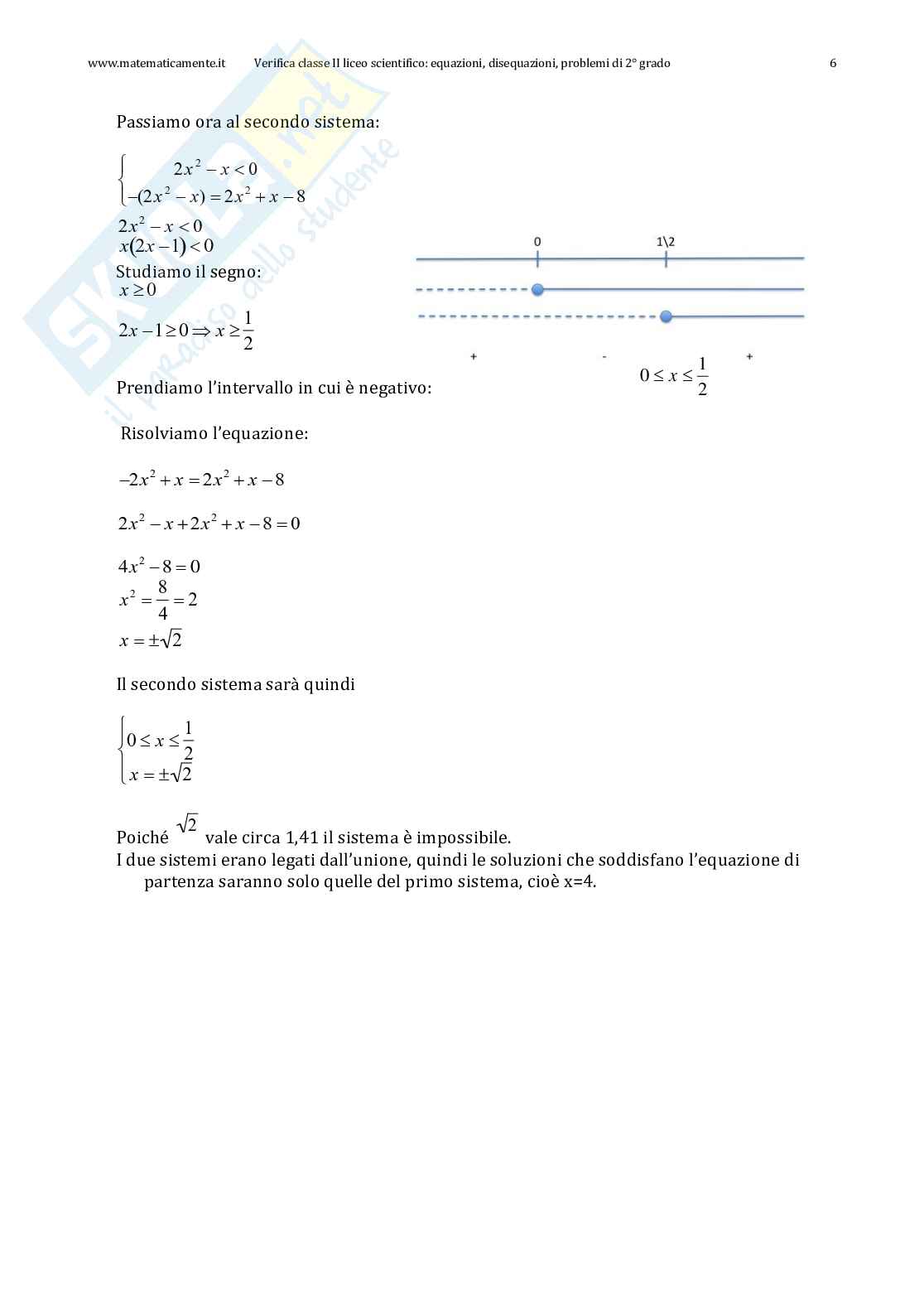 Compito in classe II liceo scientifico: equazioni, disequazioni, problemi di secondo grado Pag. 6