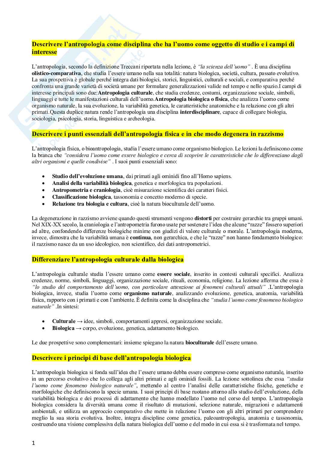 Domande aperte Antropologia  Pag. 1