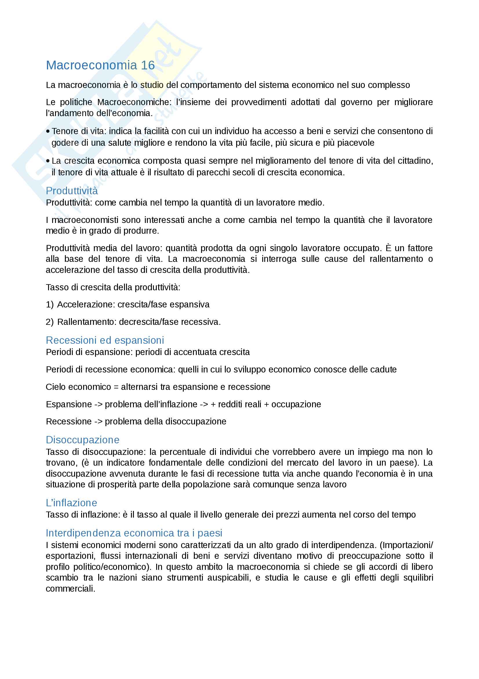 Riassunto esame MacroEconomia, Docenti Resmini e Vittucci , libro consigliato Principi di economia, Frank, Bernanke, McDowell, Thom Pag. 1