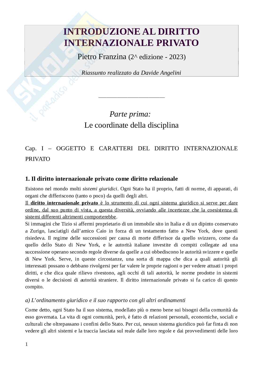 Riassunto esame Diritto internazionale privato e processuale, Prof. Honorati Costanza, libro consigliato Introduzione al diritto Internazionale privato (2^ edizione, 2023), Franzina Pag. 1
