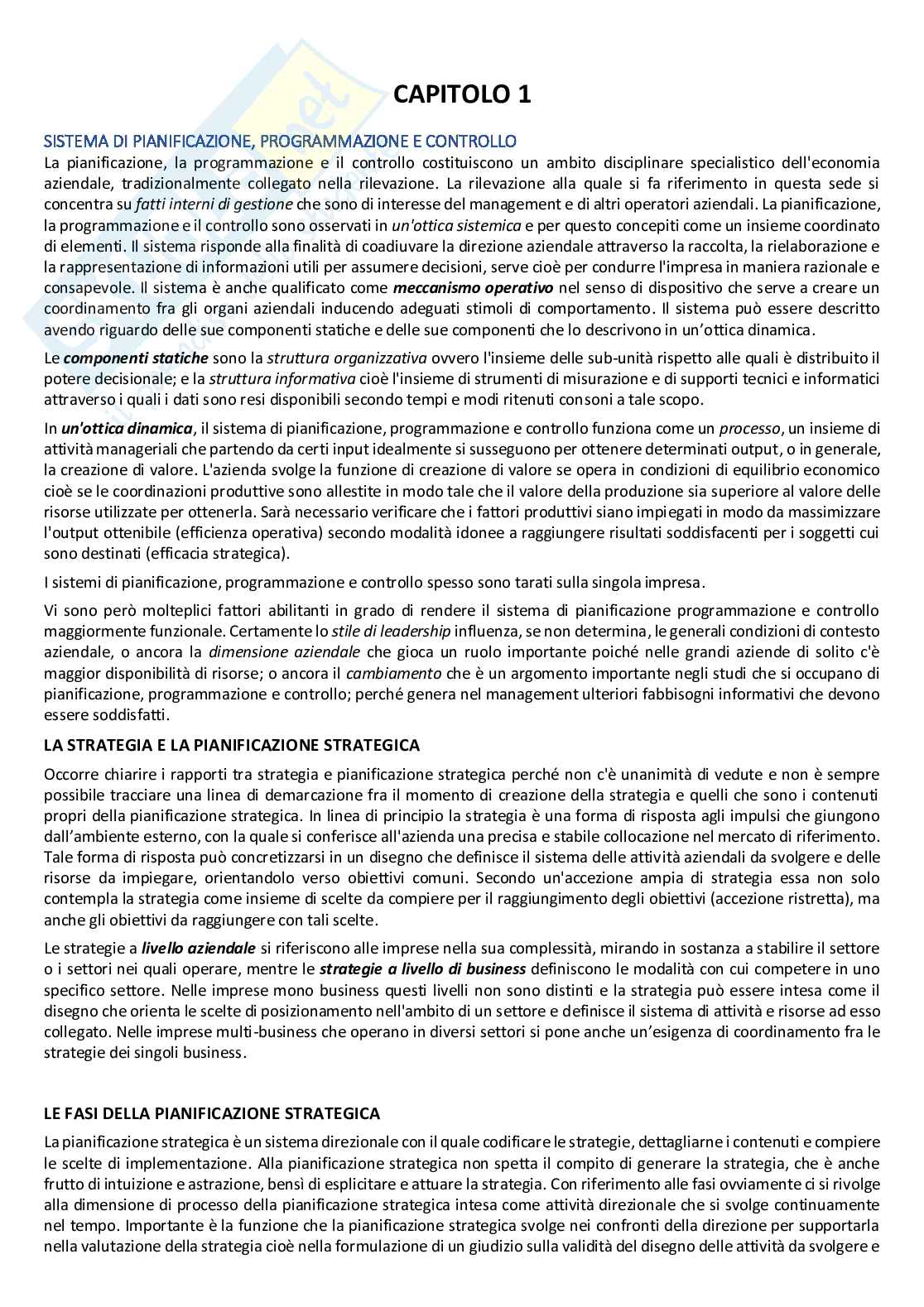 Riassunto esame Programmazione e controllo, Prof. Aversano Gabriele, libro consigliato Pianificazione e controllo di gestione. Principi e strumenti, Potito Pag. 1