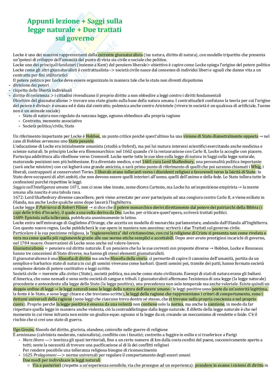 Riassunto esame Storia della filosofia, Prof. Schino Annalisa, libro consigliato Saggi sulla legge naturale e due trattati sul governo, Locke  Pag. 1