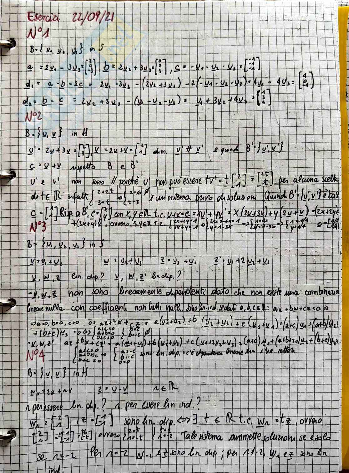 Esercizi Svolti Geometria e algebra lineare: operazioni con vettori e combinazioni lineari Pag. 1