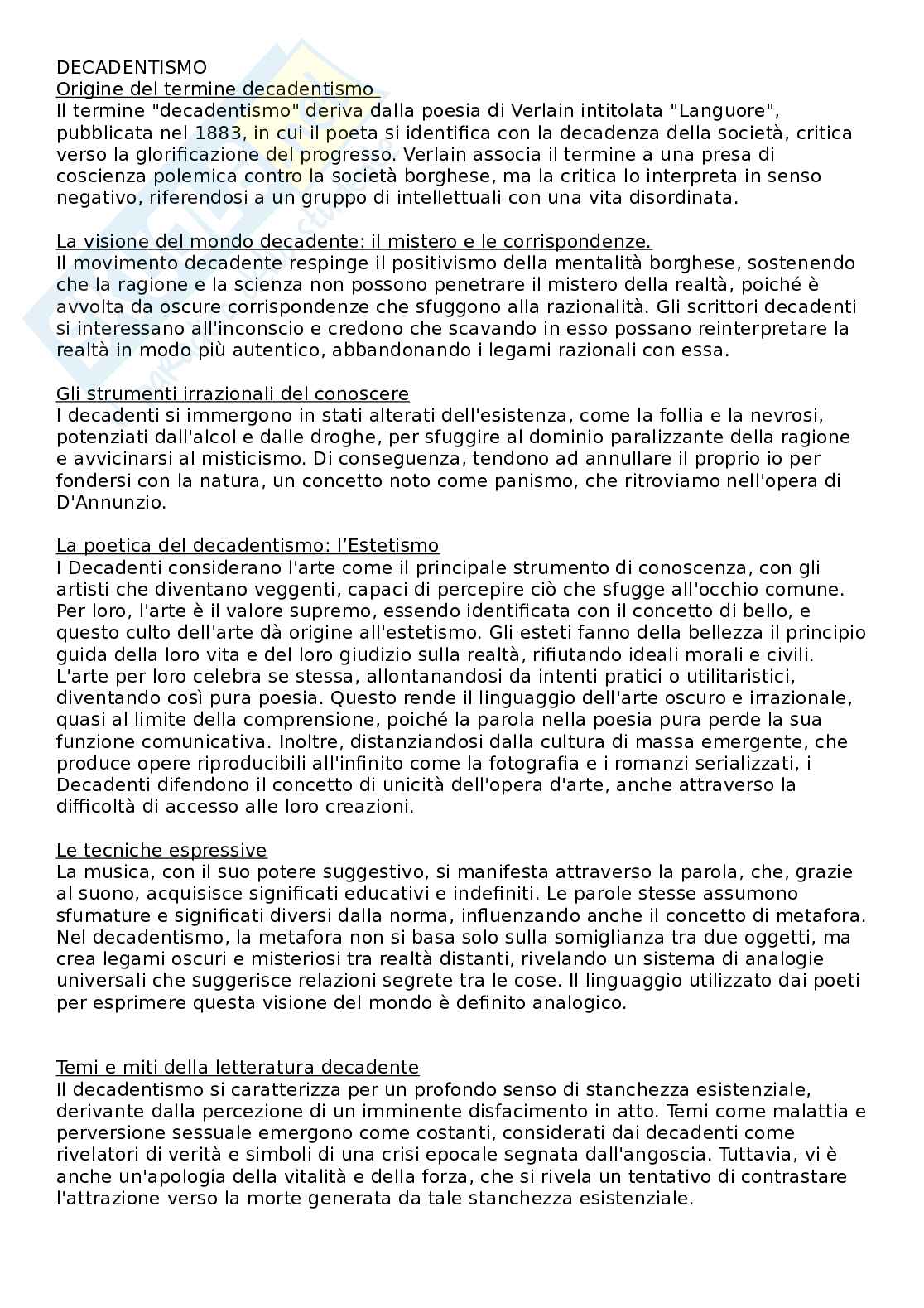 Decadentismo, simbolisti, Baudelaire, romanzo decadente Pag. 1