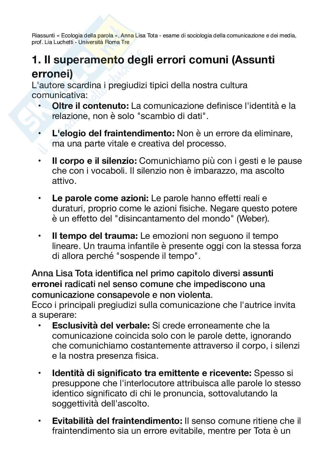 Riassunto esame Sociologia della comunicazione e dei media, Prof. Luchetti Lia, libro consigliato Ecologia della parola, Tota Pag. 1