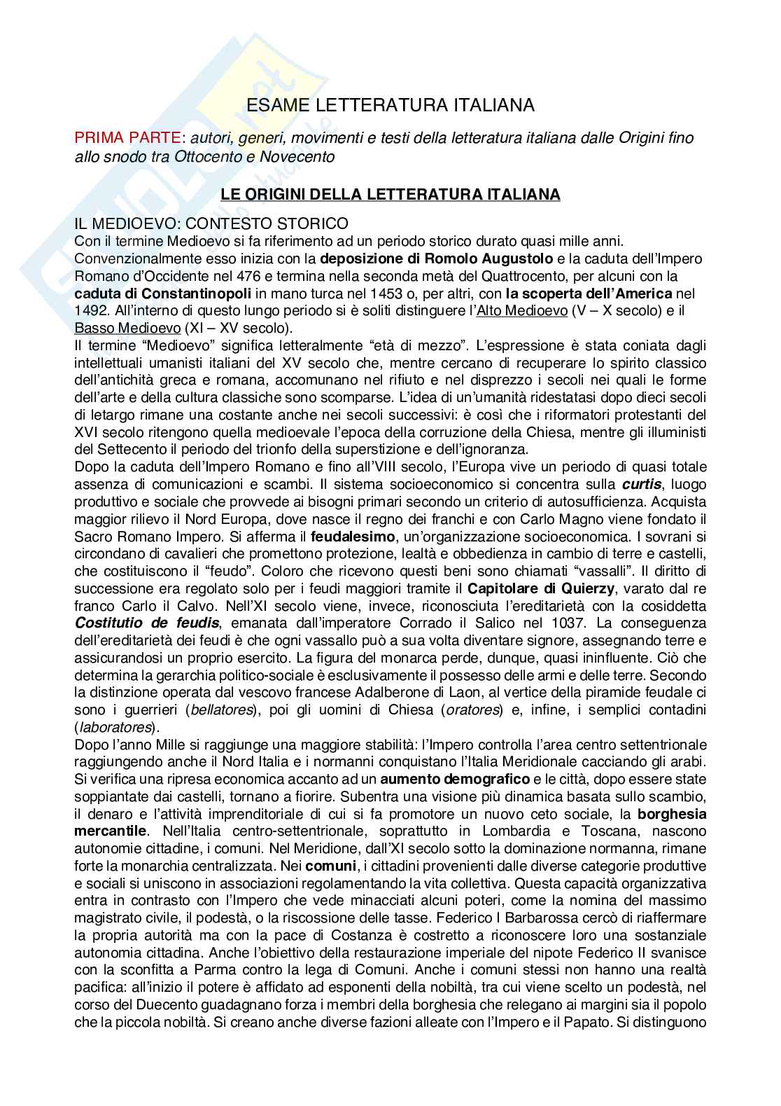 Riassunto esame Letteratura italiana, Prof. Sorella Antonio, libro consigliato Il Magnifico viaggio, Carnero, Iannaccone Pag. 1