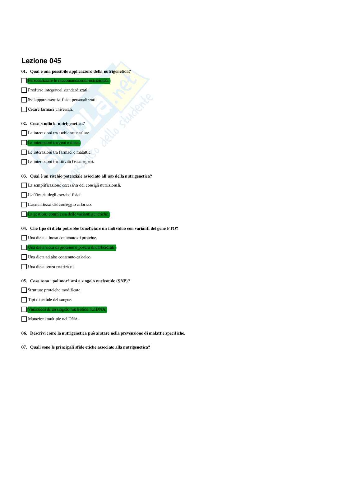 Paniere Fisiologia dei nutrienti (2026) - Risposte multiple corrette Pag. 46
