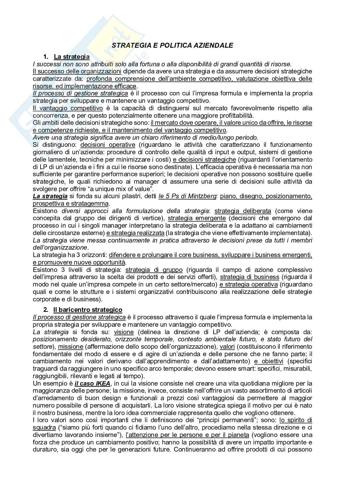 Riassunto esame Strategia e politica aziendale, Prof. Sicilia Mariafrancesca, libro consigliato Fondamenti di strategia, Johnson Pag. 1